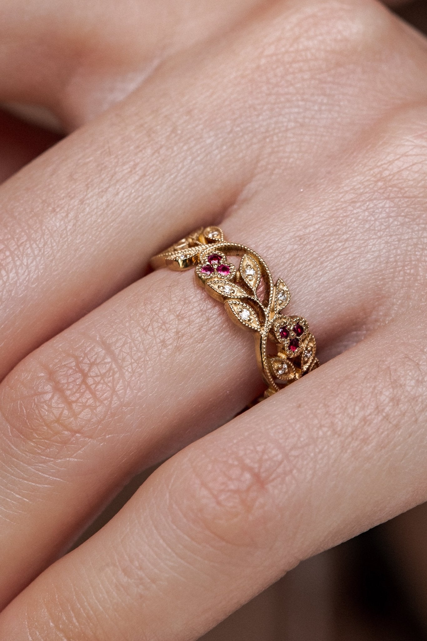 Floral ring with rubies and diamonds - 14k gold ring - boho wedding ring - boho wedding rings - escorialjewelry