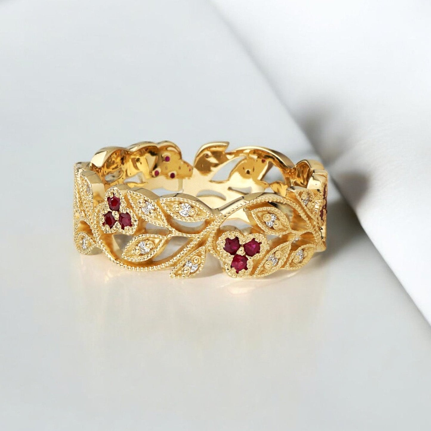 Floral ring with rubies and diamonds - 14k gold ring - boho wedding ring - boho wedding rings - escorialjewelry