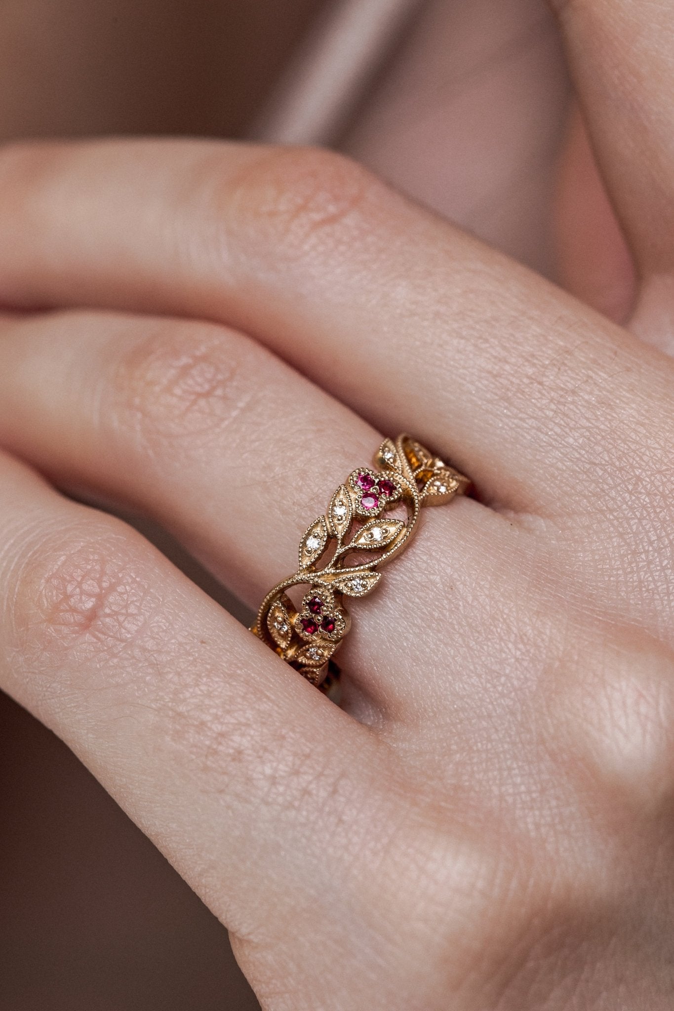 Floral ring with rubies and diamonds - 14k gold ring - boho wedding ring - boho wedding rings - escorialjewelry