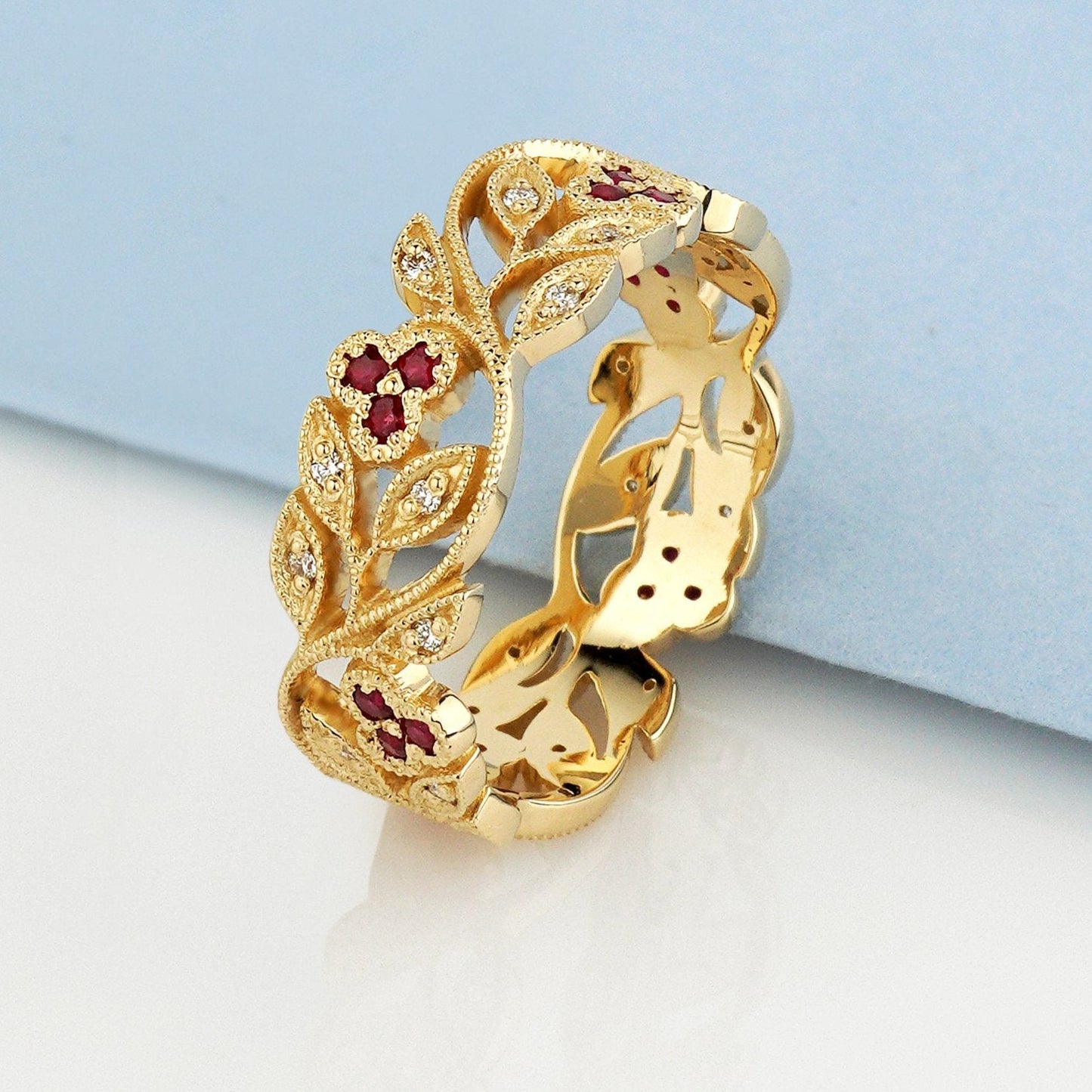 Floral ring with rubies and diamonds - 14k gold ring - boho wedding ring - boho wedding rings - escorialjewelry