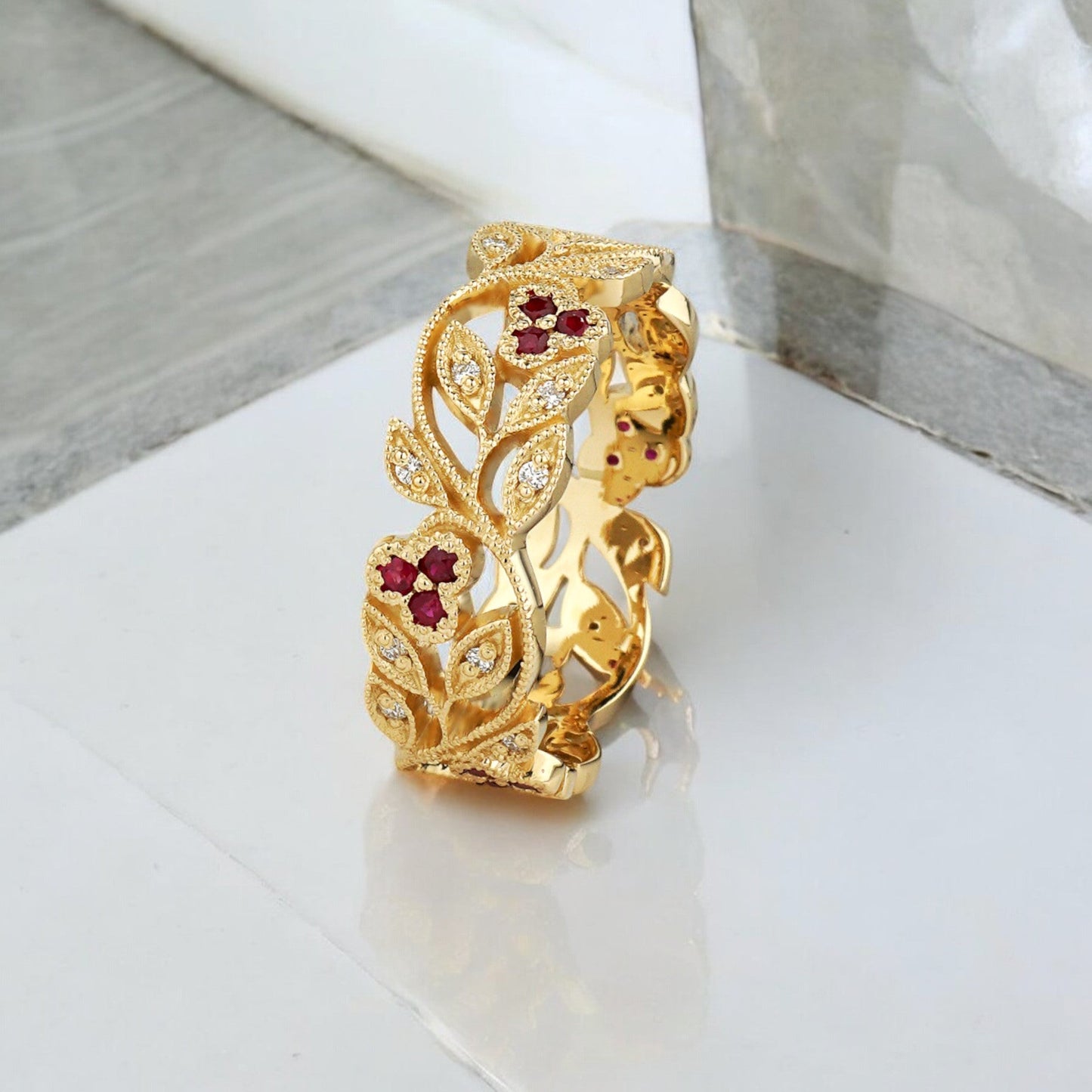 Floral ring with rubies and diamonds - 14k gold ring - boho wedding ring - boho wedding rings - escorialjewelry