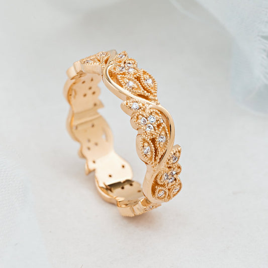 Floral wedding band - 14k gold band - 14k gold ring - boho - escorialjewelry