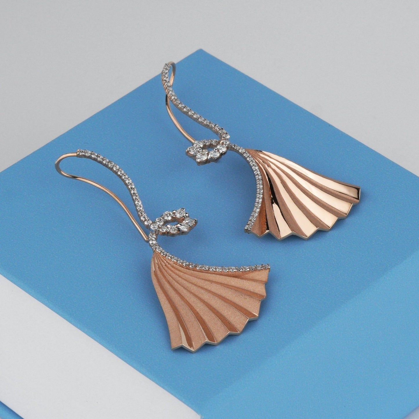 Gold fan earrings - diamond earrings - drop earrings - fan earrings - escorialjewelry