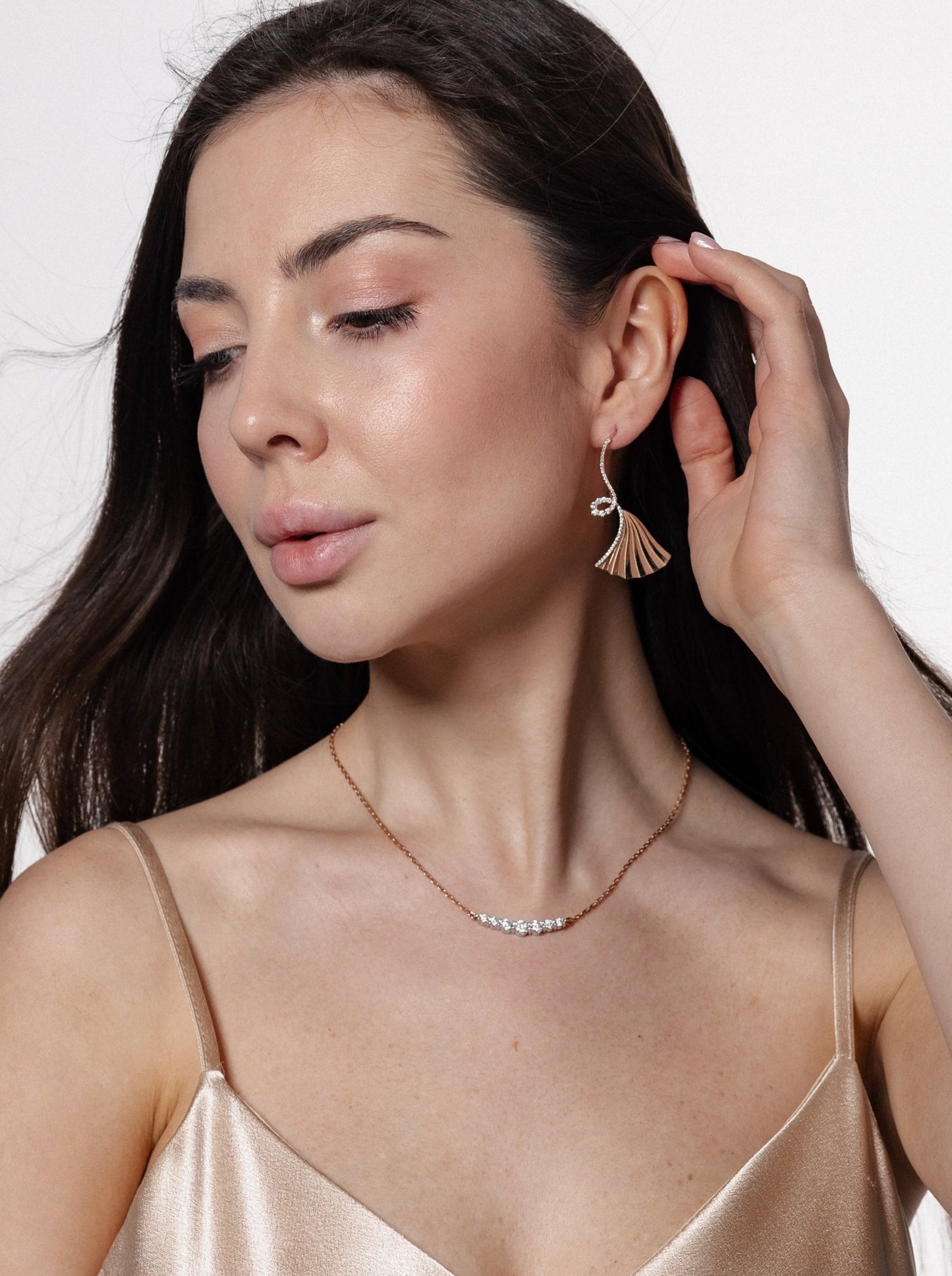 Gold fan earrings - diamond earrings - drop earrings - fan earrings - escorialjewelry