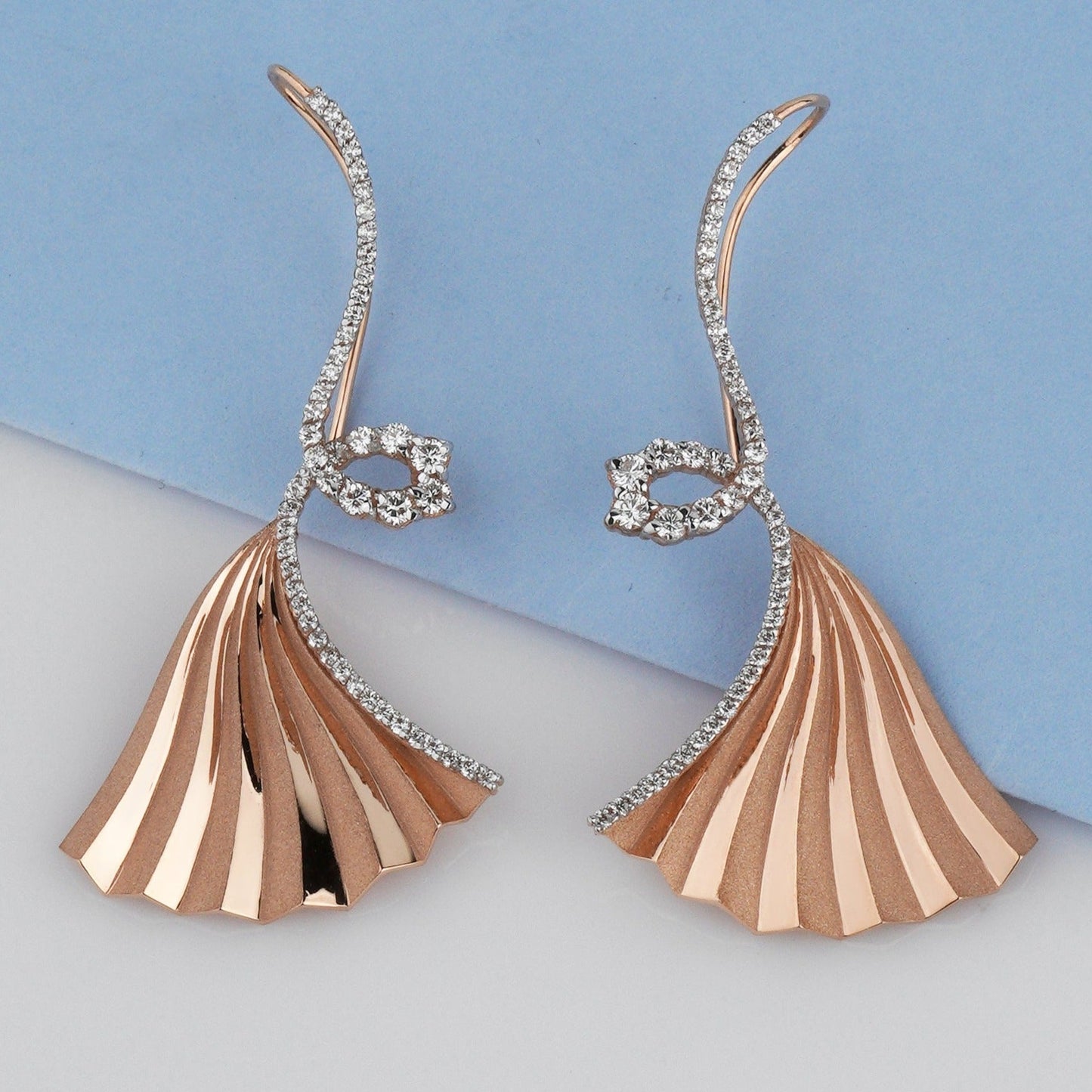 Gold fan earrings - diamond earrings - drop earrings - fan earrings - escorialjewelry