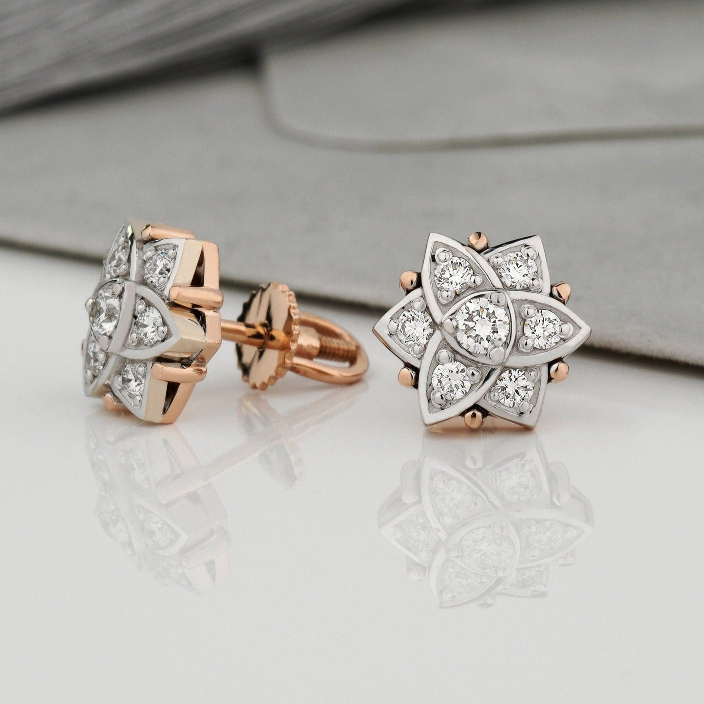 Gold flower earrings - diamond earrings - floral earrings - flower earrings - escorialjewelry