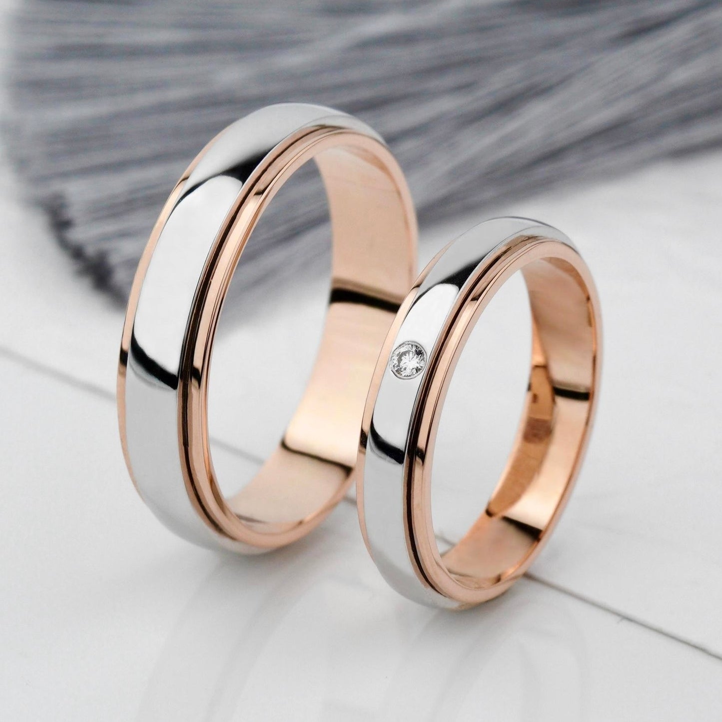 His and hers wedding bands set with diamond in her ring - couple rings - couple rings set - couple wedding bands - escorialjewelry
