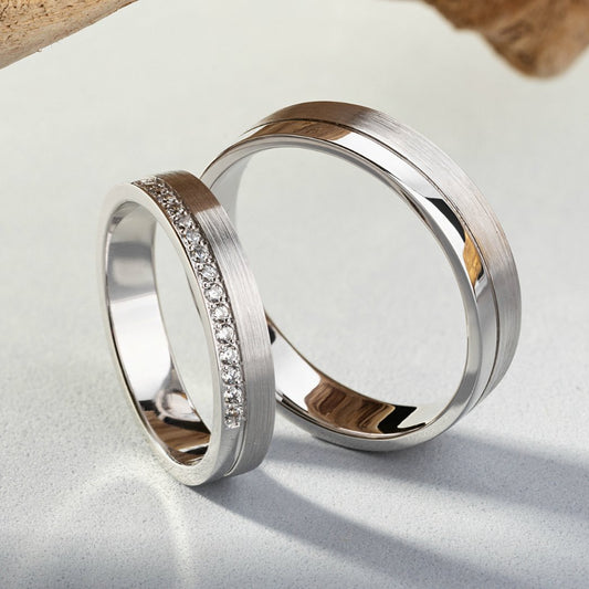 His and hers wedding bands set with diamonds in her ring - couple rings - couple wedding bands - diamond gold band - escorialjewelry