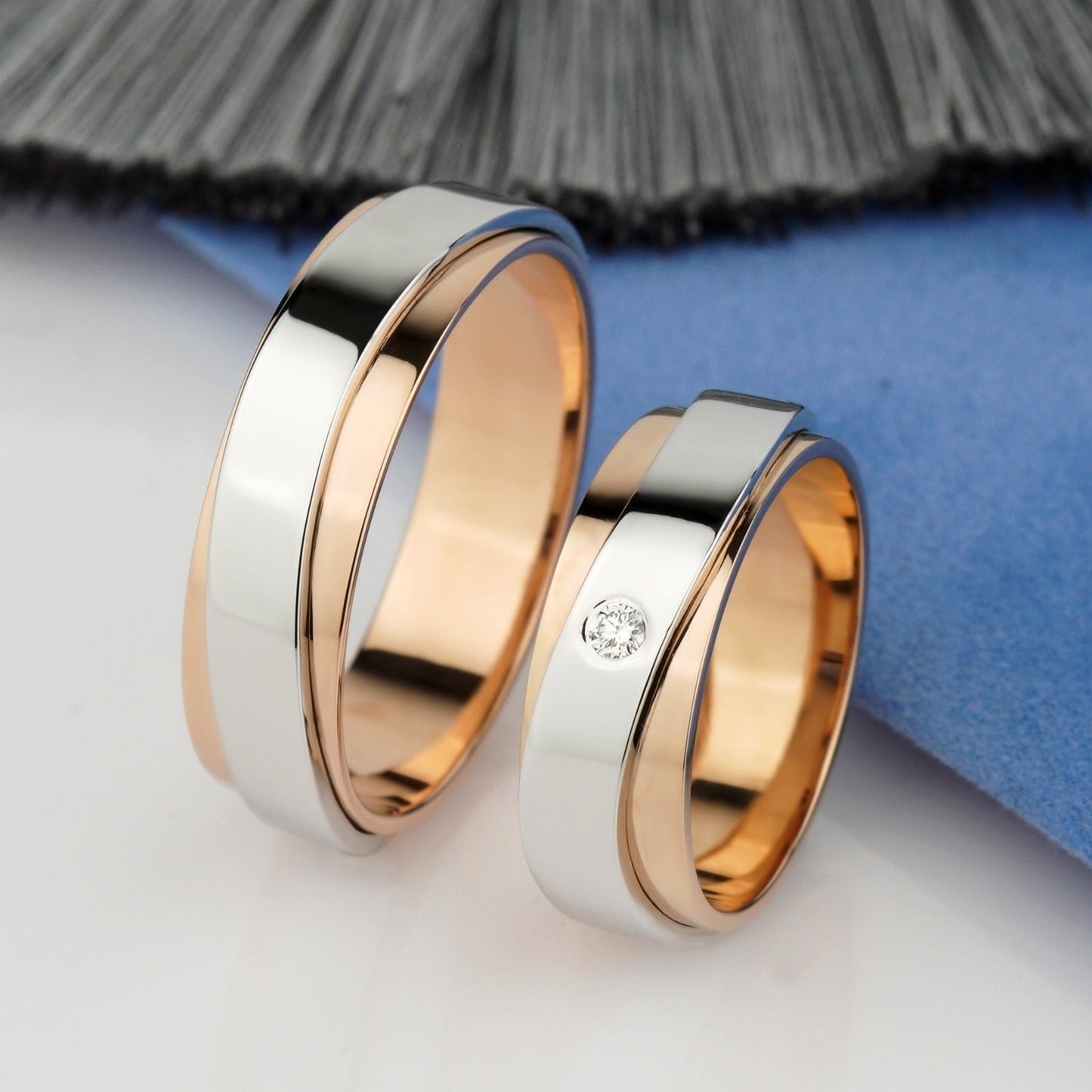 Matching couple rings set made of two colors of gold - couple rings - couple rings set - couple wedding bands - escorialjewelry