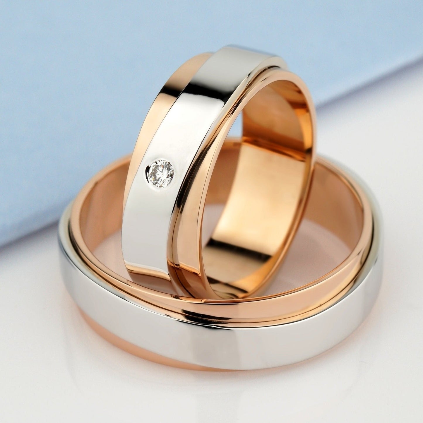 Matching couple rings set made of two colors of gold - couple rings - couple rings set - couple wedding bands - escorialjewelry