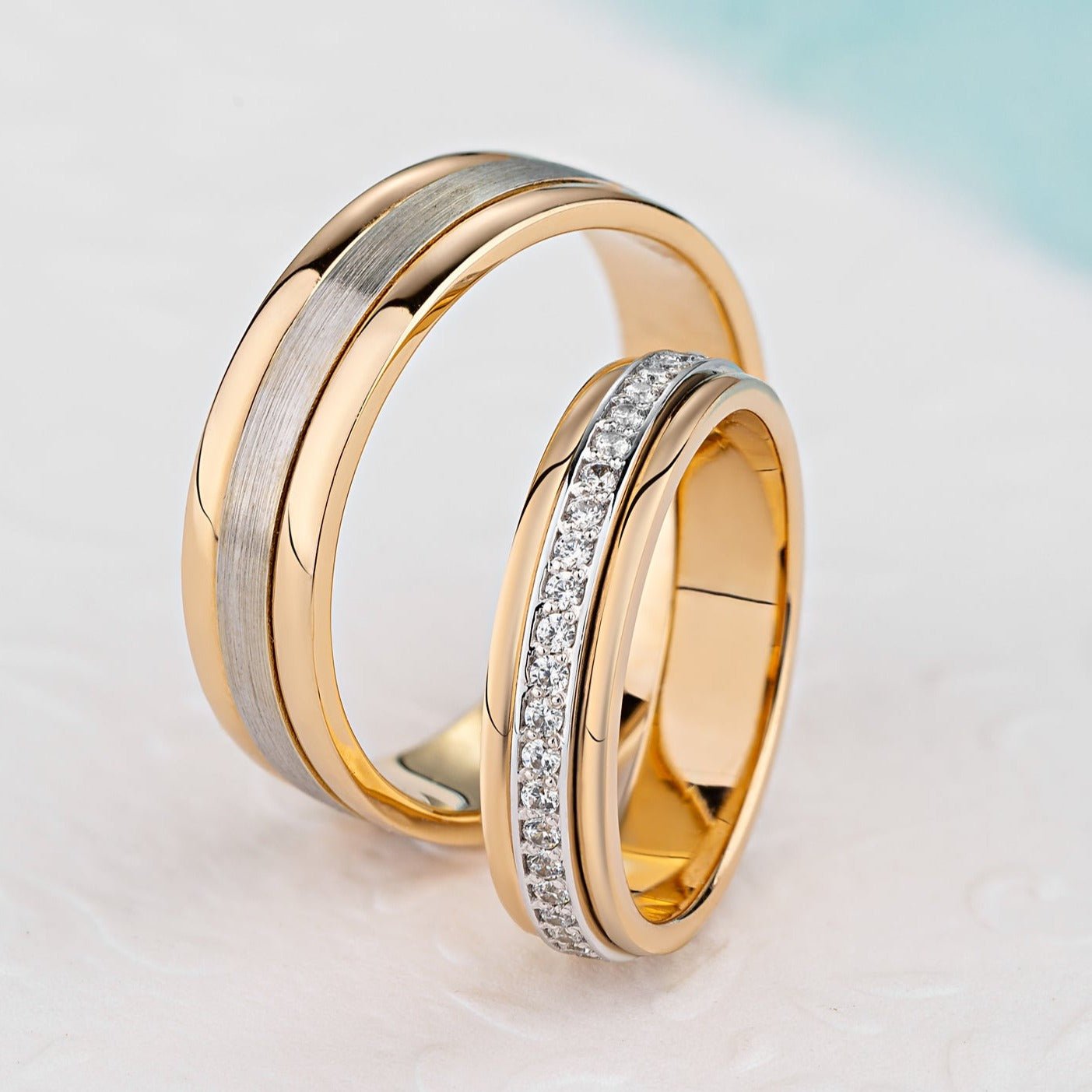 Matching wedding bands made of two colors of gold - couple rings - couple rings set - couple wedding bands - escorialjewelry