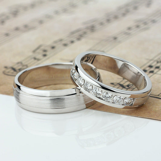 Matching wedding bands set with diamonds - couple rings - couple wedding bands - diamond gold band - escorialjewelry