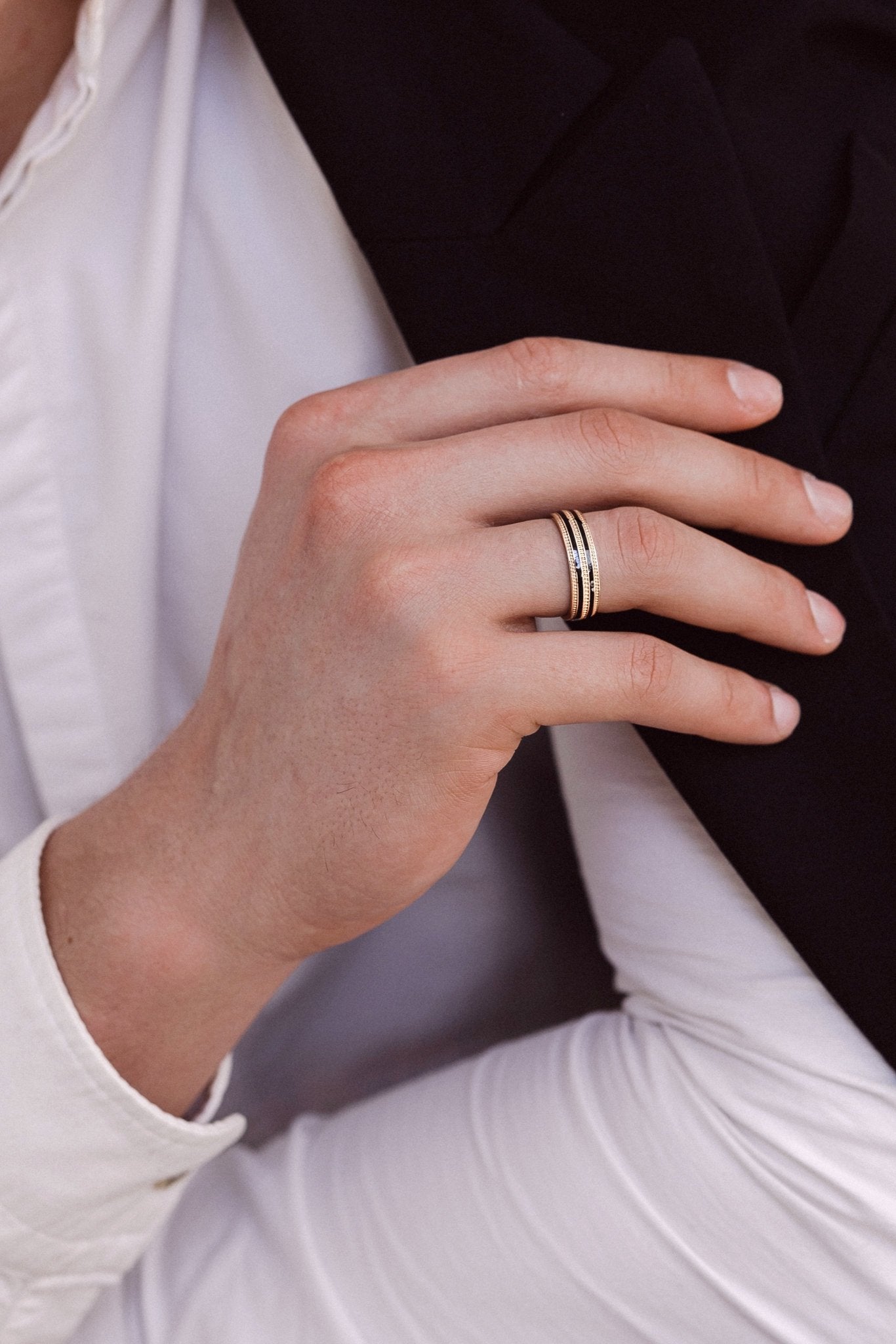 Matching wedding bands with enamel - black enamel band - classic diamond band - classic wedding bands - escorialjewelry