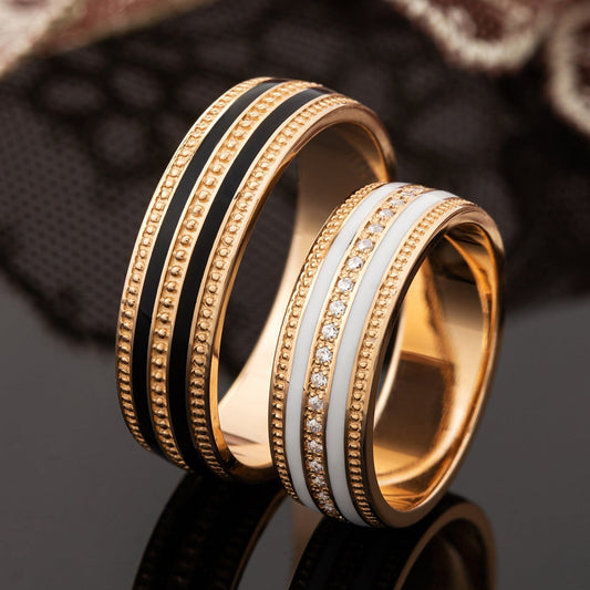 Matching wedding bands with enamel - black enamel band - classic diamond band - classic wedding bands - escorialjewelry