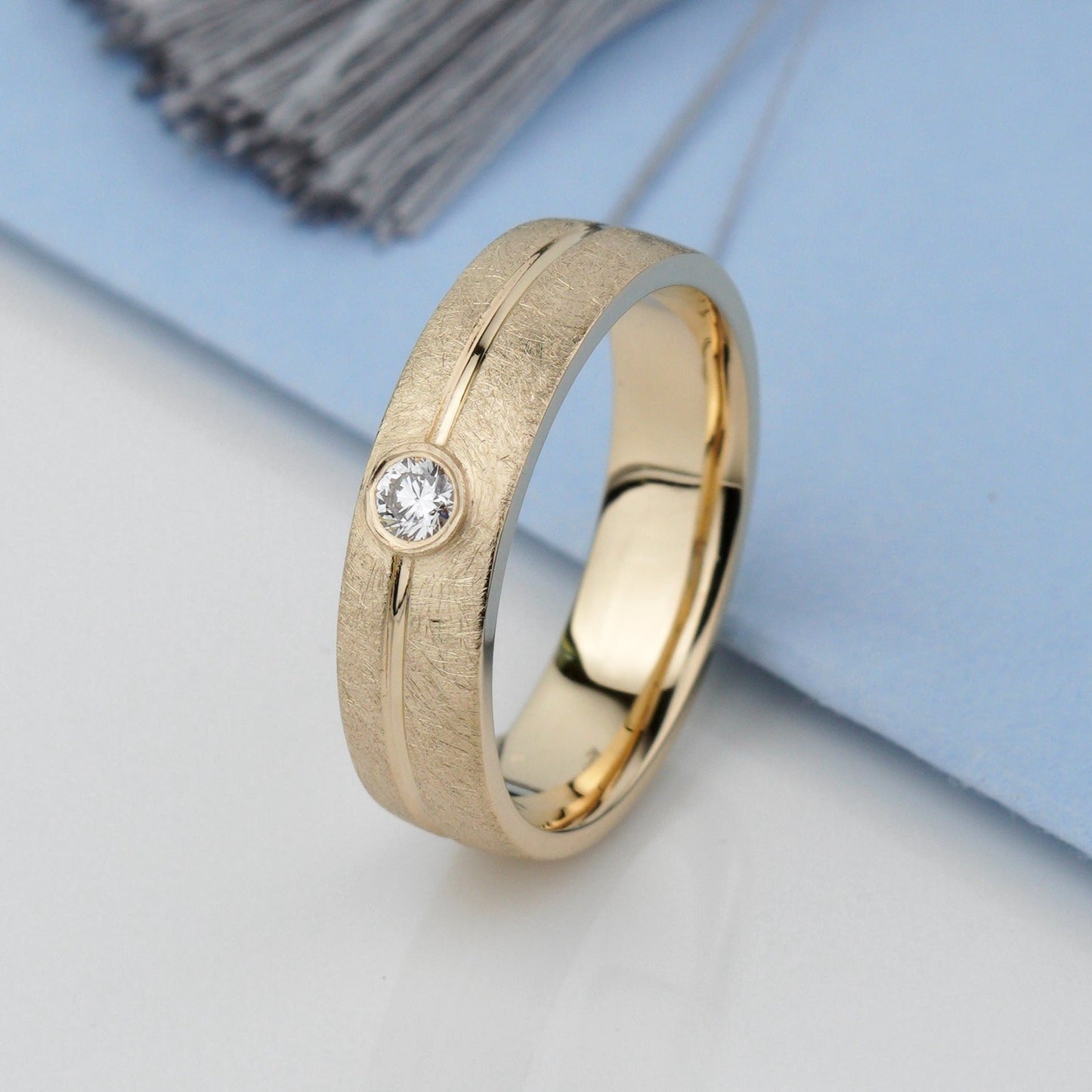 Matte wedding band with diamond - 14k gold band - 14k gold ring - bridal ring - escorialjewelry