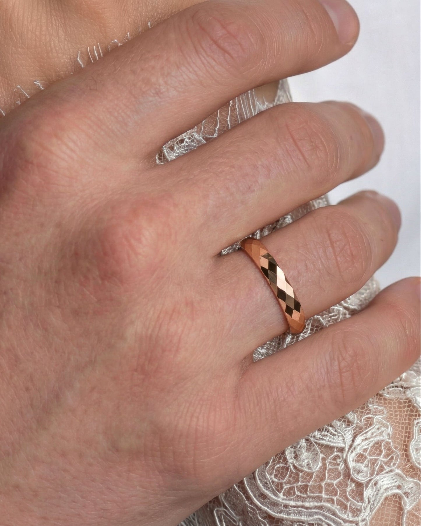 14k solid gold faceted wedding rings- his ring 4 mm wide on hand