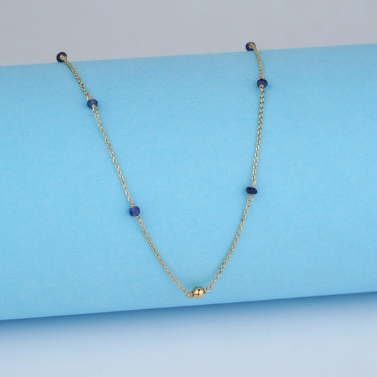 delicate gold necklace
minimalist gold necklace
solid gold necklace
blue gemstone necklace-Stones: Natural Sapphires
Style: Beaded station chain