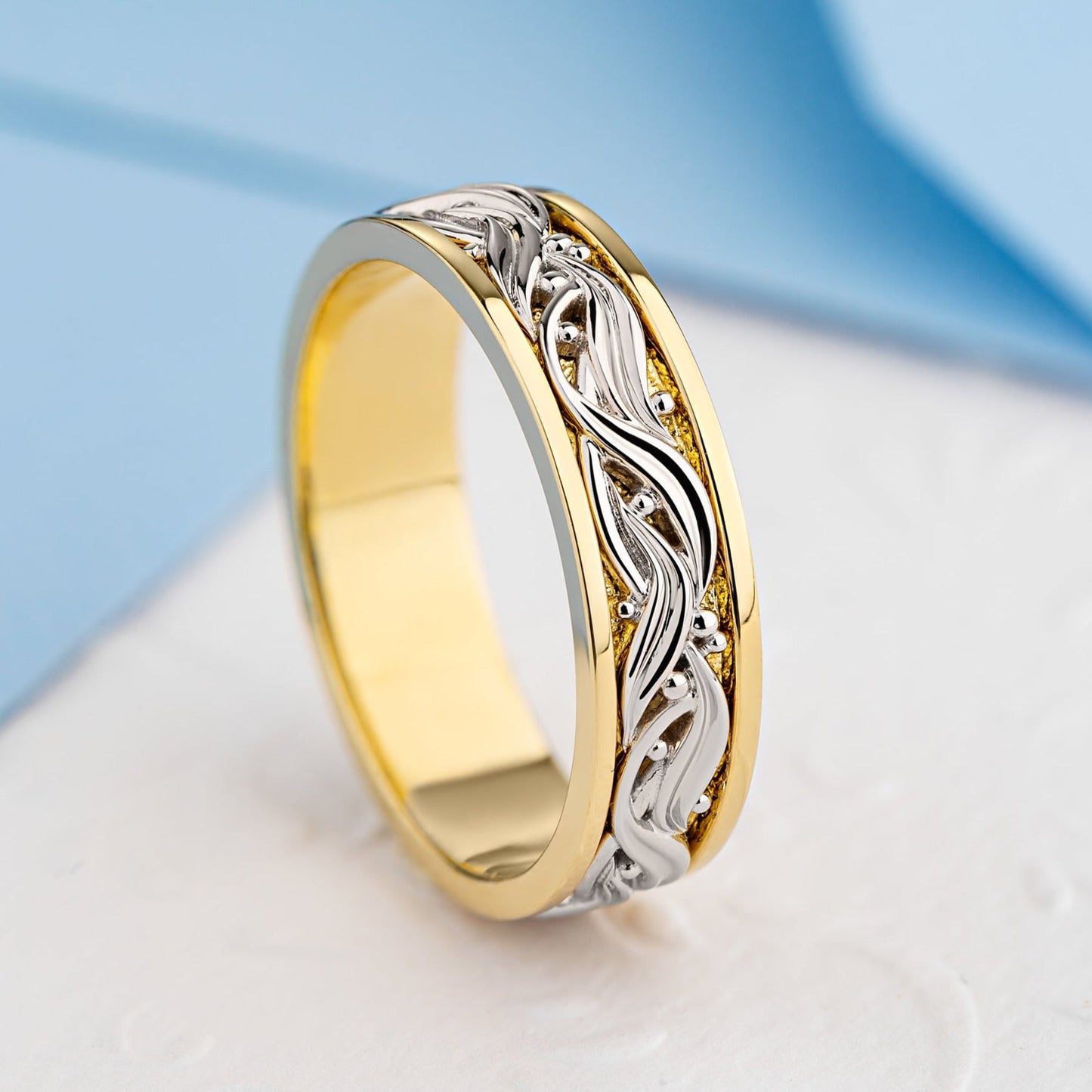 Two - tone floral wedding band - 14k gold band - 14k gold ring - boho wedding ring - escorialjewelry