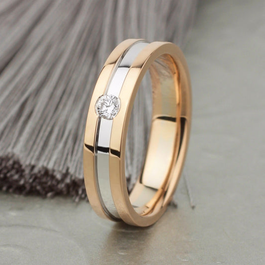 Two - tone gold wedding band with diamond - 14k gold band - 14k gold ring - bridal ring - escorialjewelry