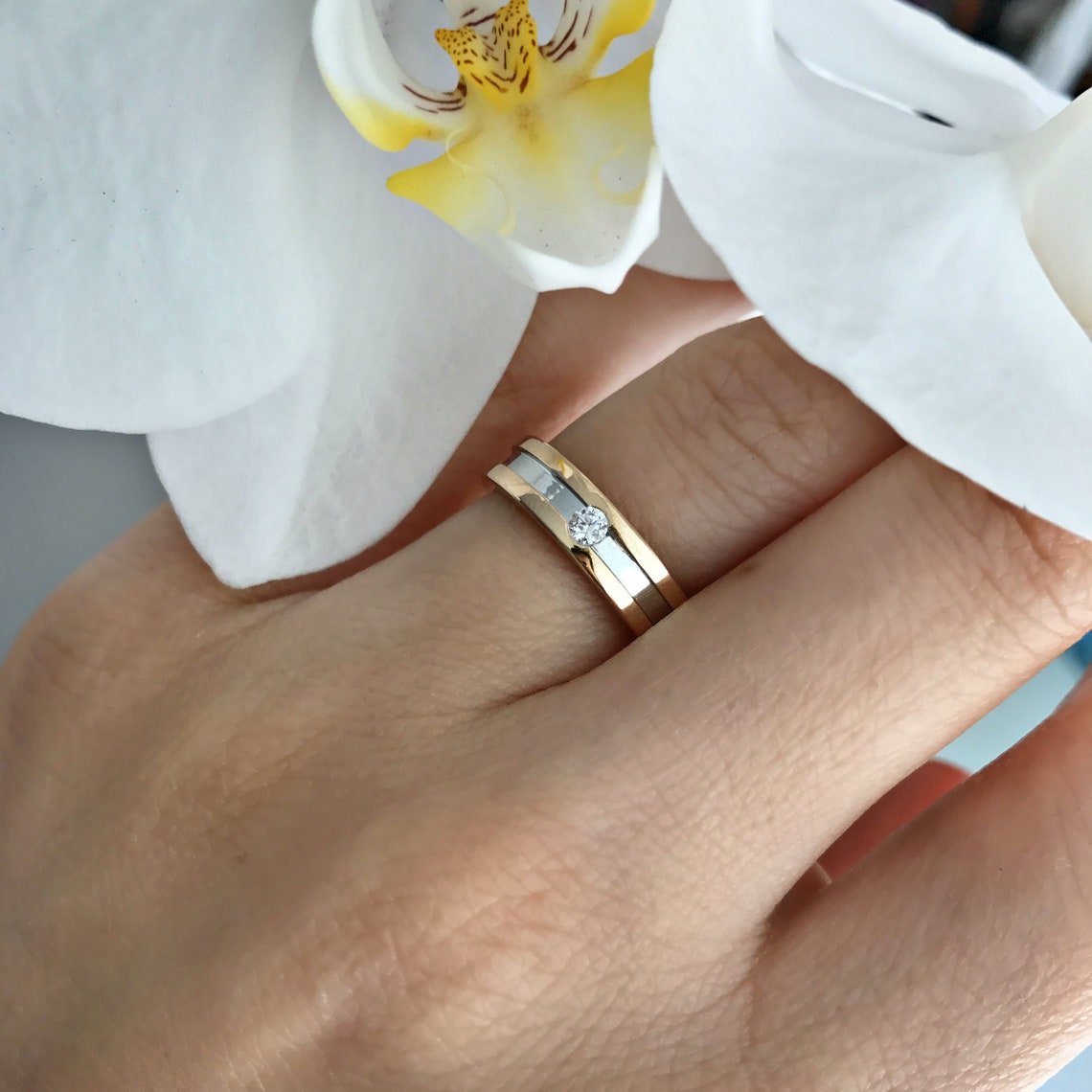 Two - tone gold wedding band with diamond - 14k gold band - 14k gold ring - bridal ring - escorialjewelry