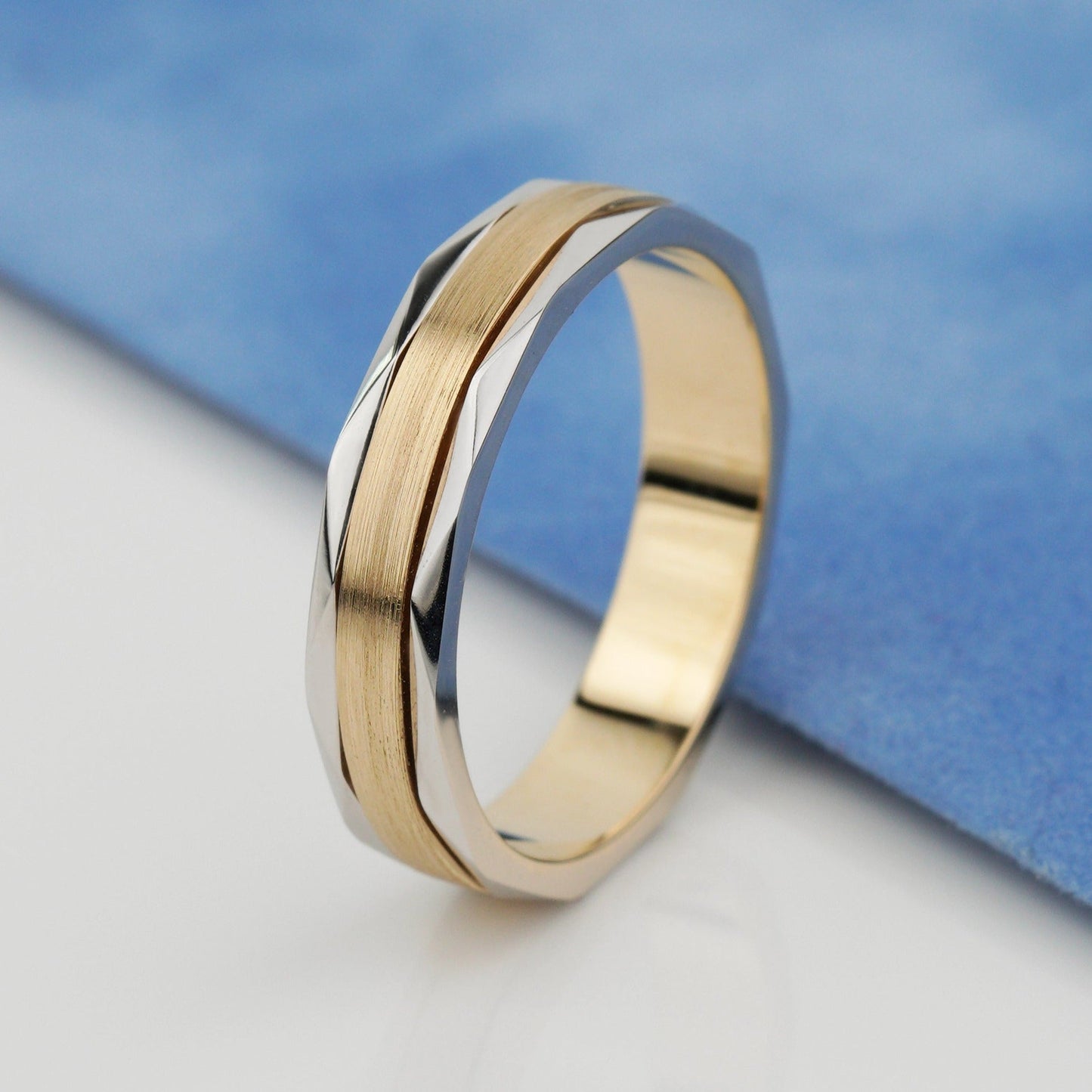 Two - tone mens wedding band with faceted details - 14k gold band - faceted wedding band - mens wedding band