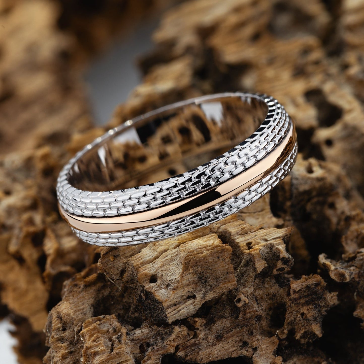 Two - tone mens wedding band with textured surface - 14k gold band - faceted wedding band - gold bands - escorialjewelry