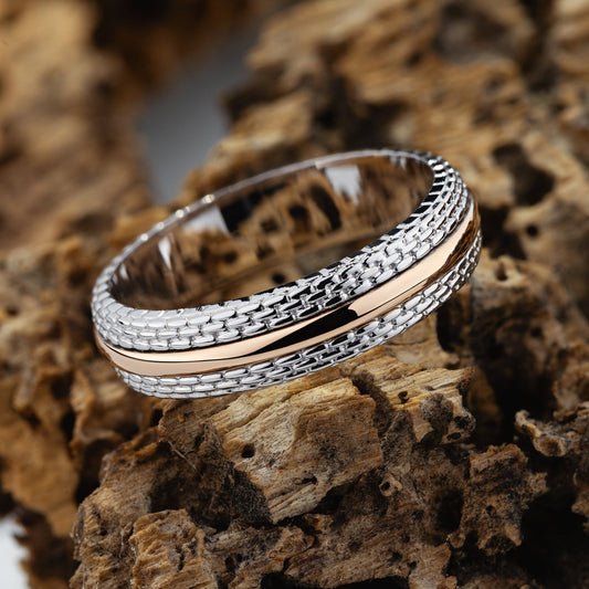 Two-tone mens wedding band with textured surface - escorialjewelry