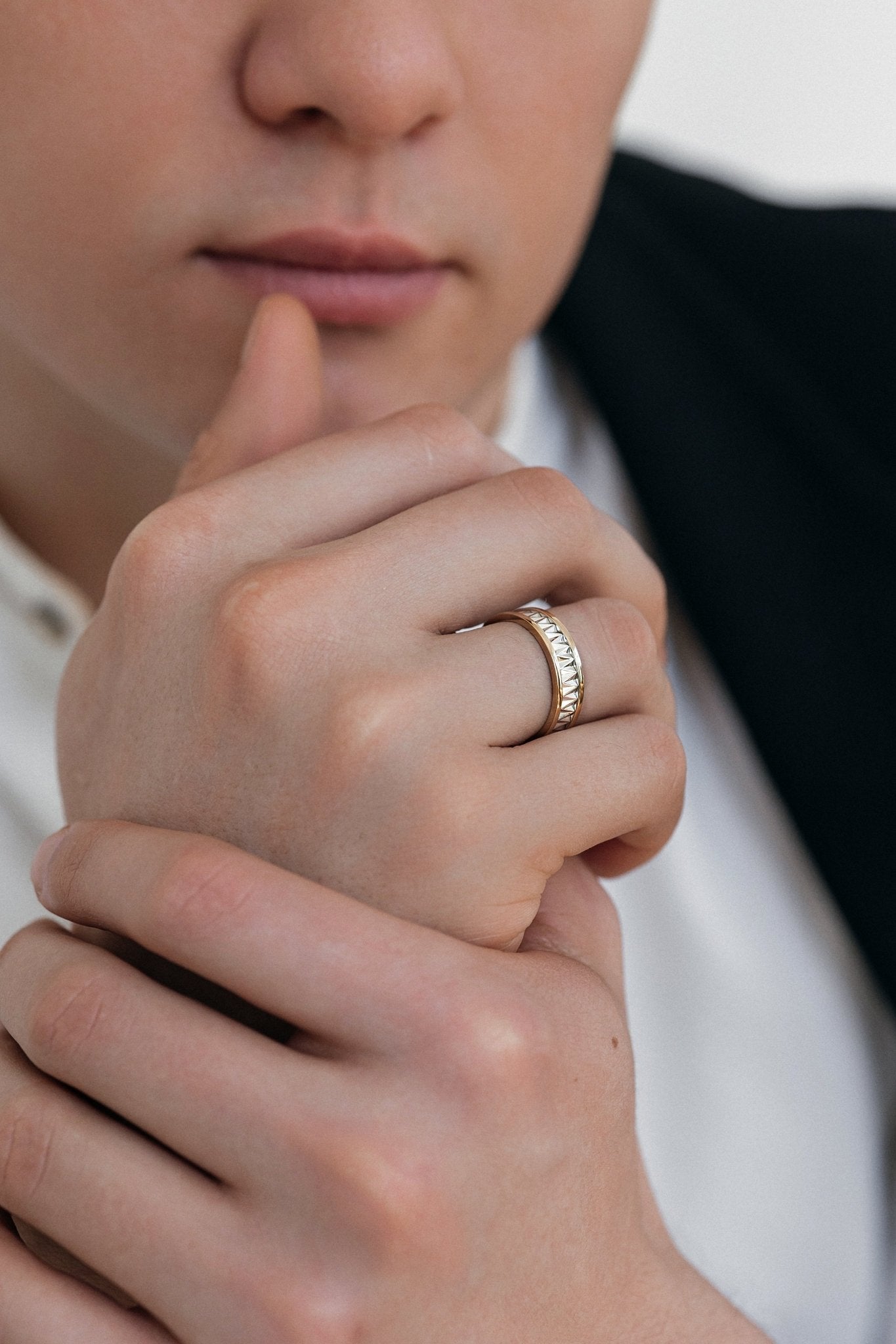 Two - tone mens wedding band with unique design - 14k gold band - gold bands - gold rings - escorialjewelry
