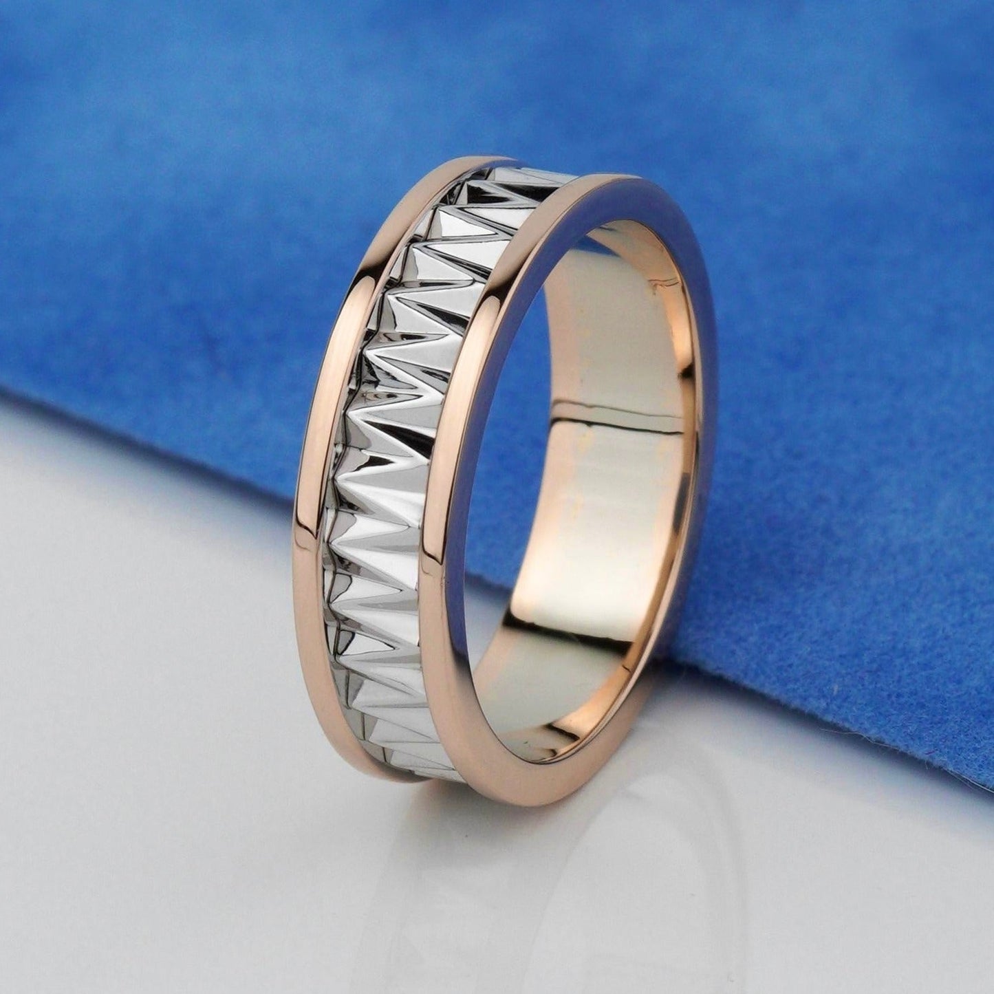 Two - tone mens wedding band with unique design - 14k gold band - gold bands - gold rings - escorialjewelry