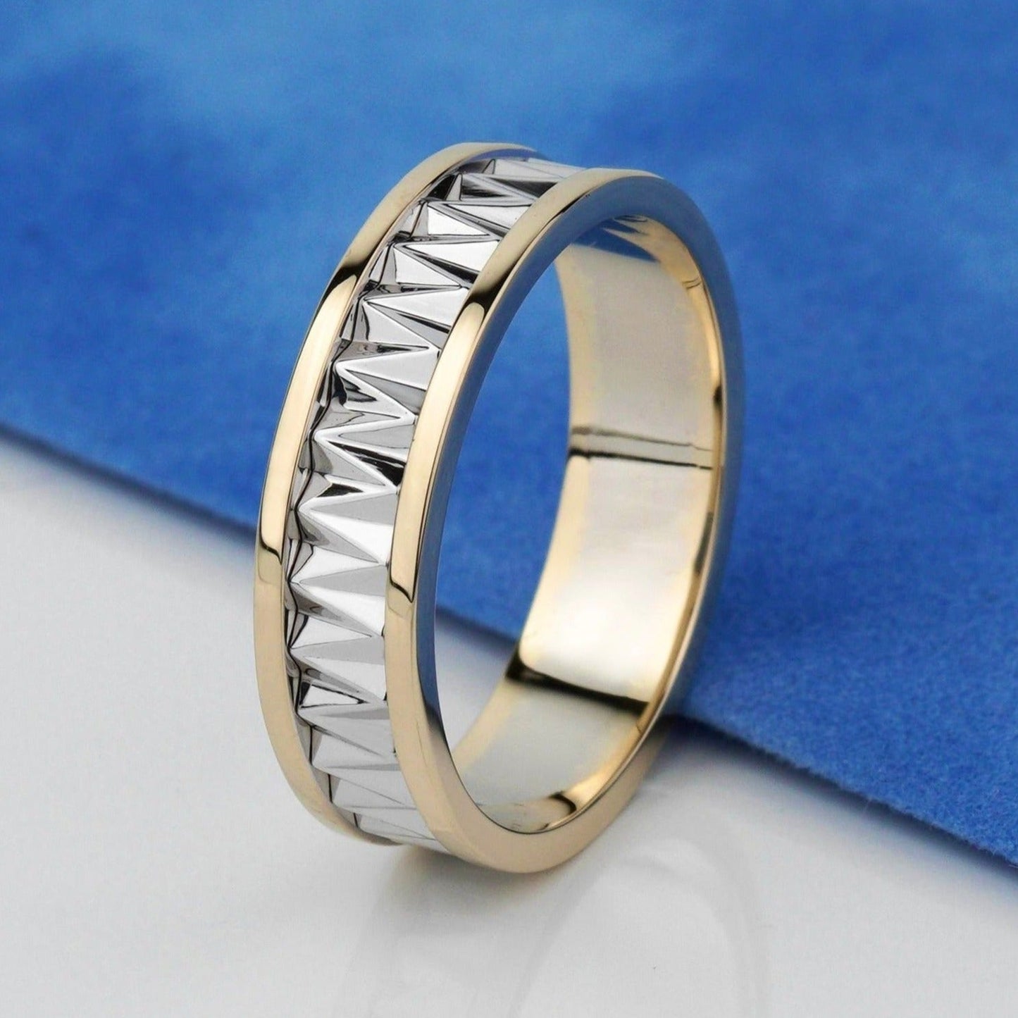 Two - tone mens wedding band with unique design - 14k gold band - gold bands - gold rings - escorialjewelry