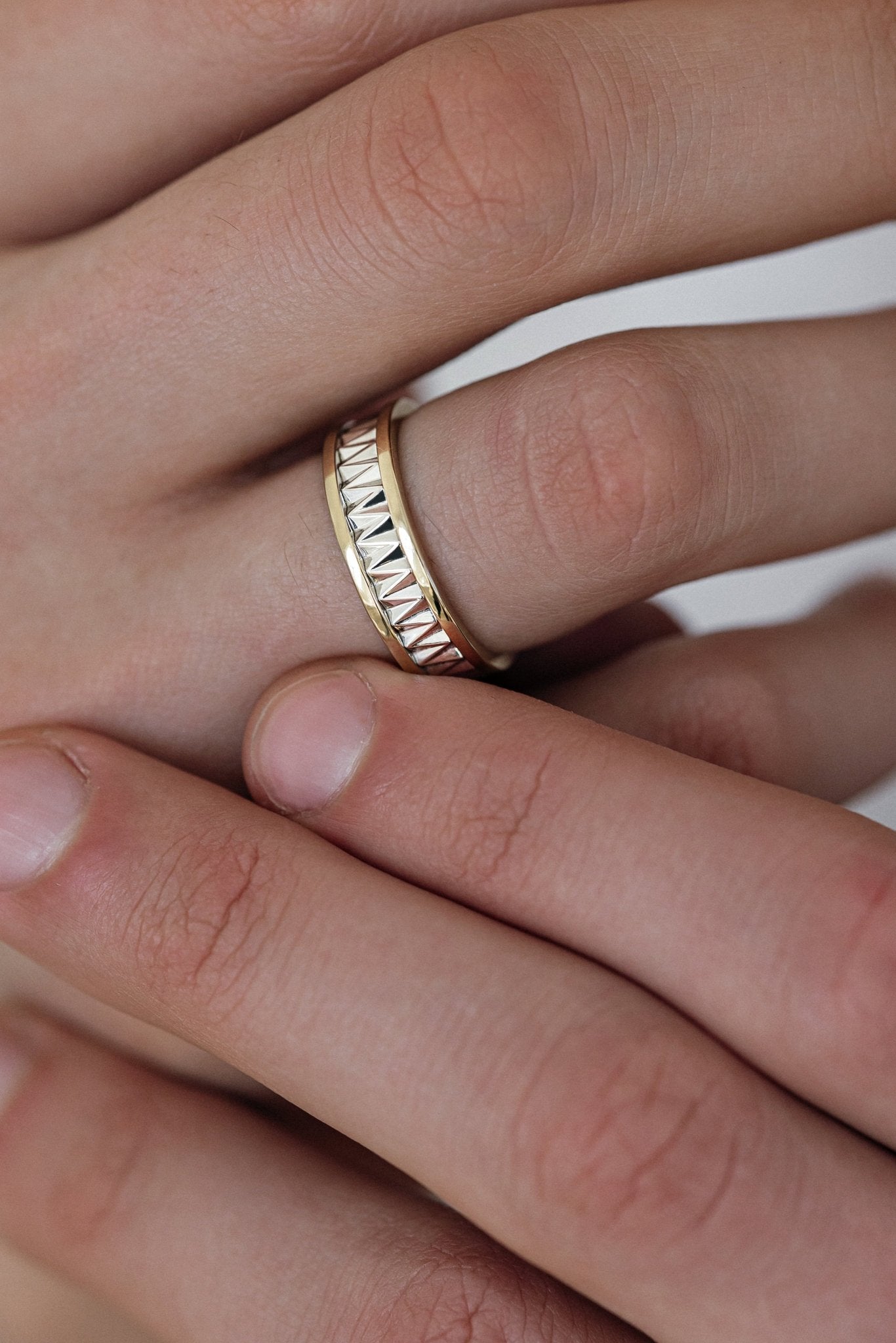 Two - tone mens wedding band with unique design - 14k gold band - gold bands - gold rings - escorialjewelry