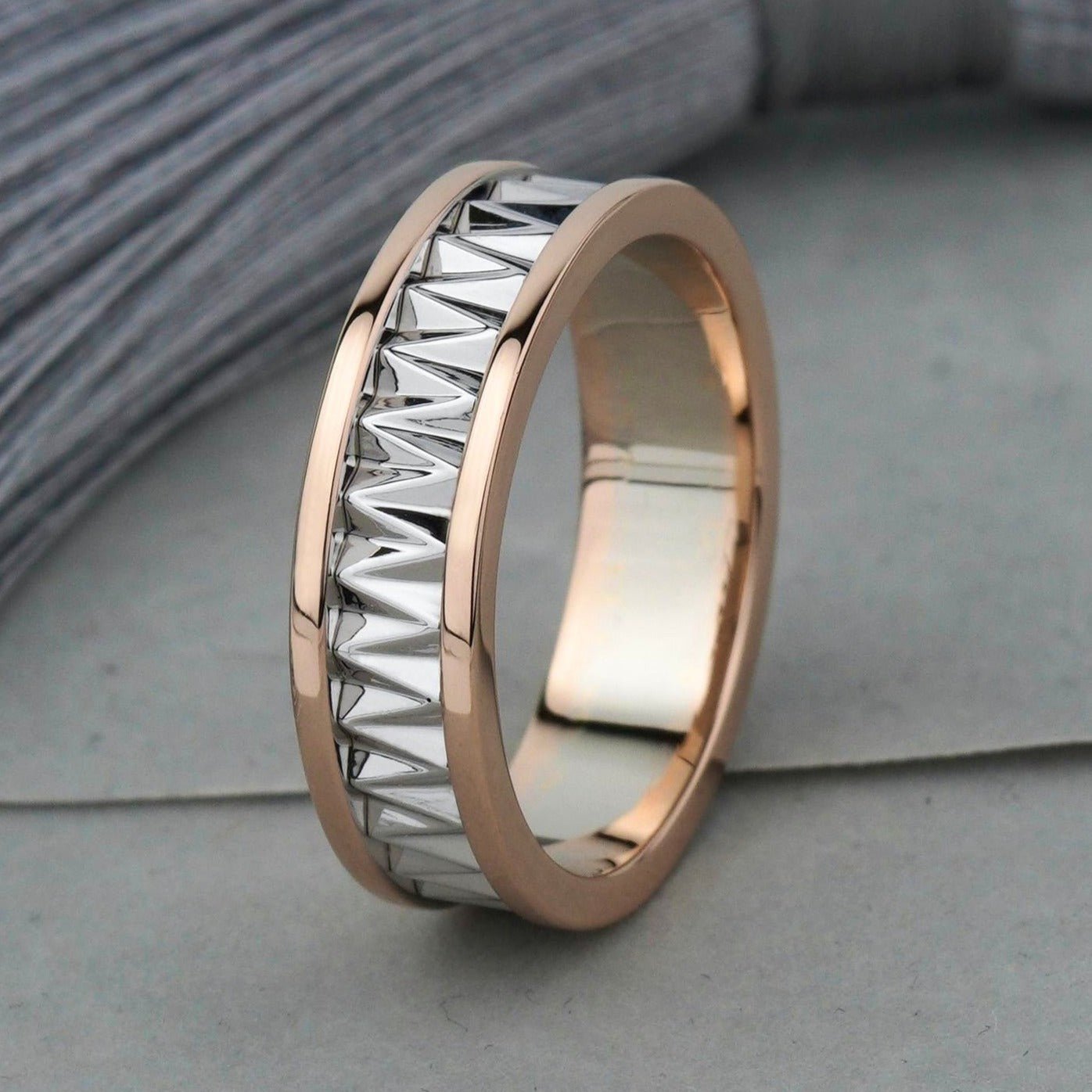 Two - tone mens wedding band with unique design - 14k gold band - gold bands - gold rings - escorialjewelry