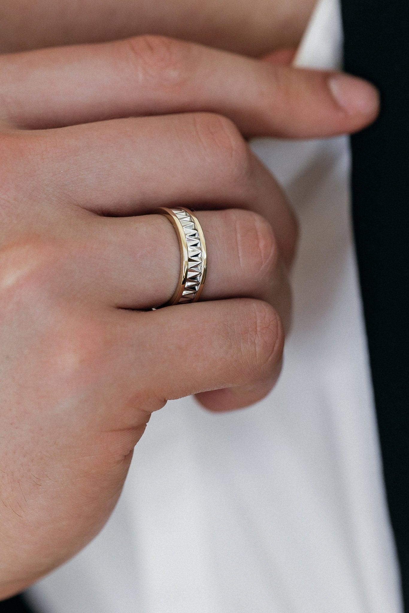 Two - tone mens wedding band with unique design - 14k gold band - gold bands - gold rings - escorialjewelry