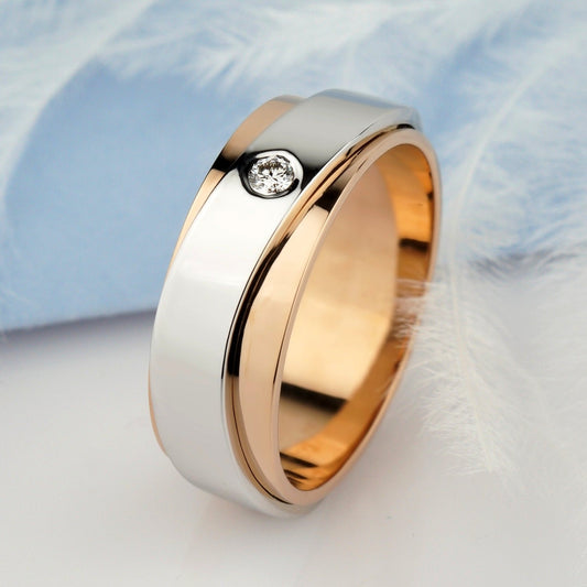 Two - tone wedding band with diamond - 14k gold band - 14k gold ring - bridal ring - escorialjewelry