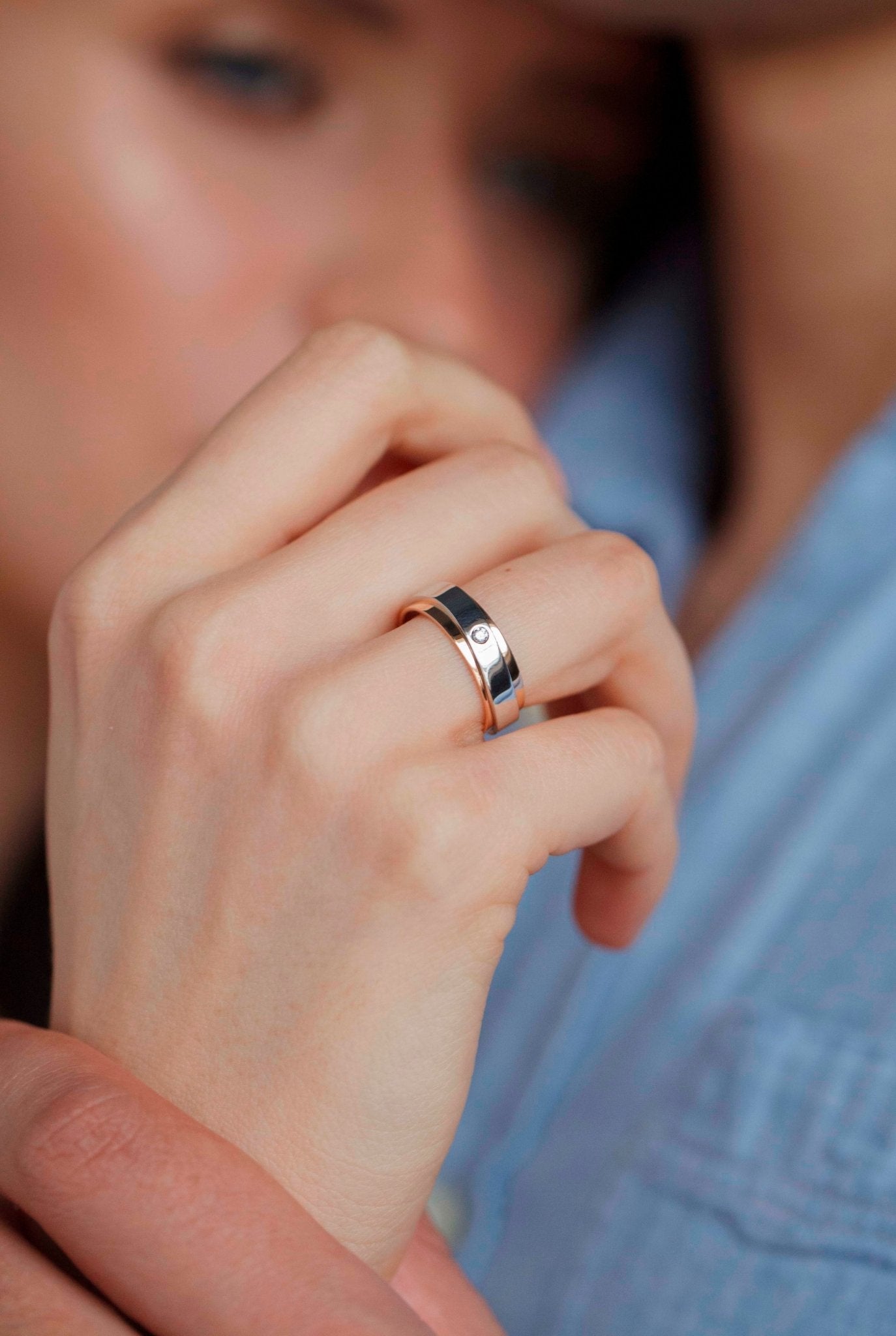 Two - tone wedding band with diamond - 14k gold band - 14k gold ring - bridal ring - escorialjewelry