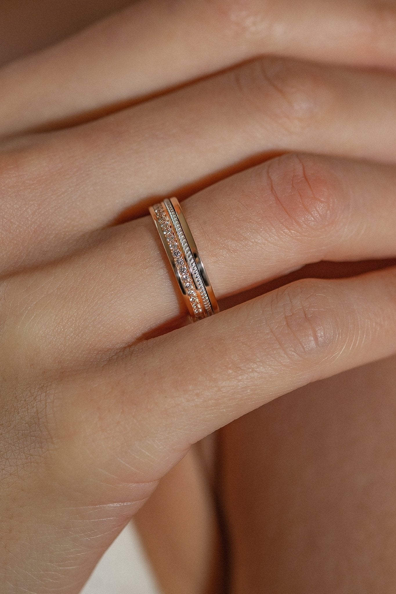 Two - tone wedding band with diamonds - 14k gold band - 14k gold ring - bridal ring - escorialjewelry