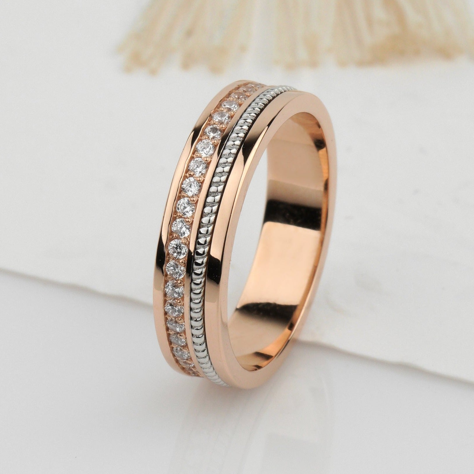 Two - tone wedding band with diamonds - 14k gold band - 14k gold ring - bridal ring - escorialjewelry