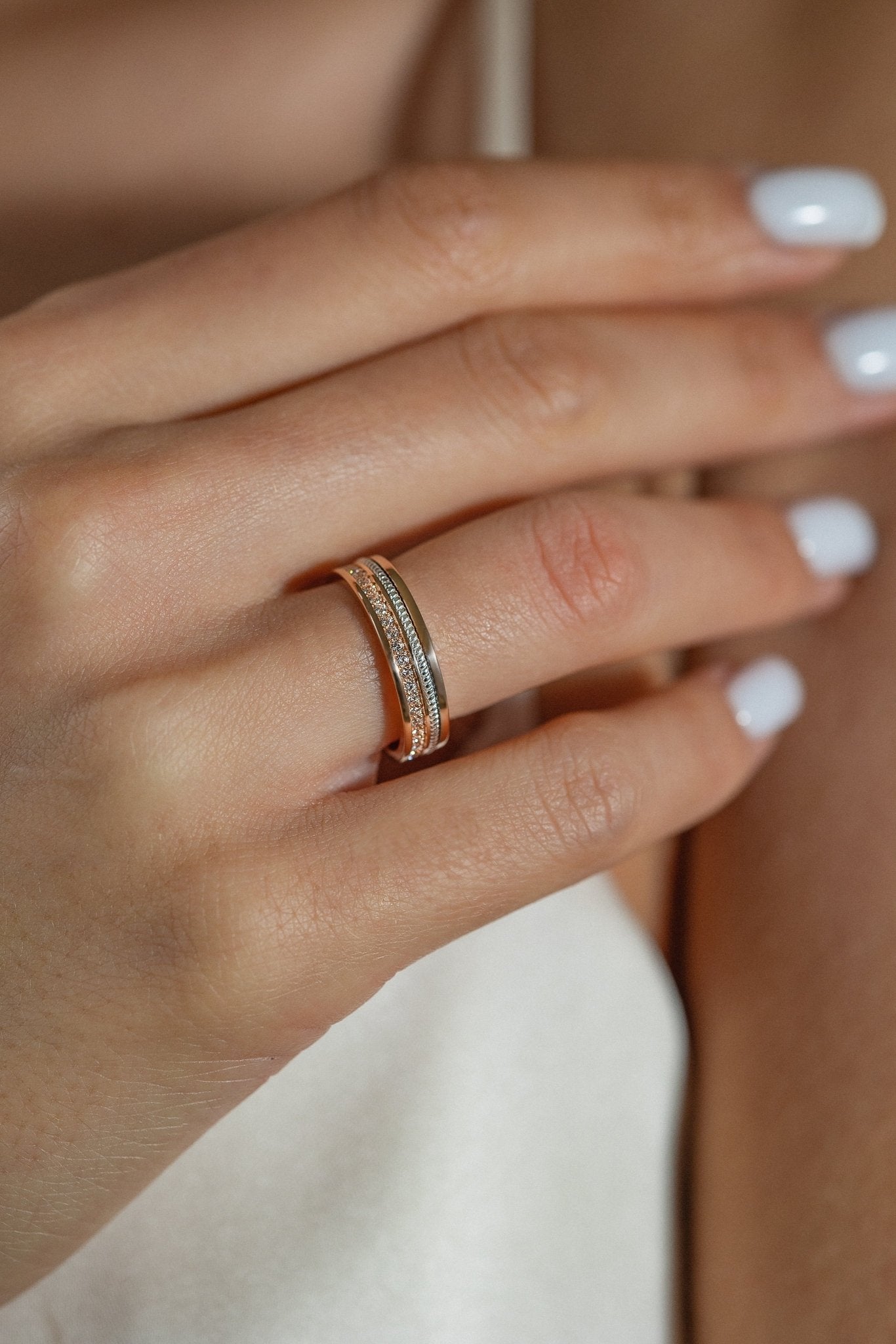 Two - tone wedding band with diamonds - 14k gold band - 14k gold ring - bridal ring - escorialjewelry