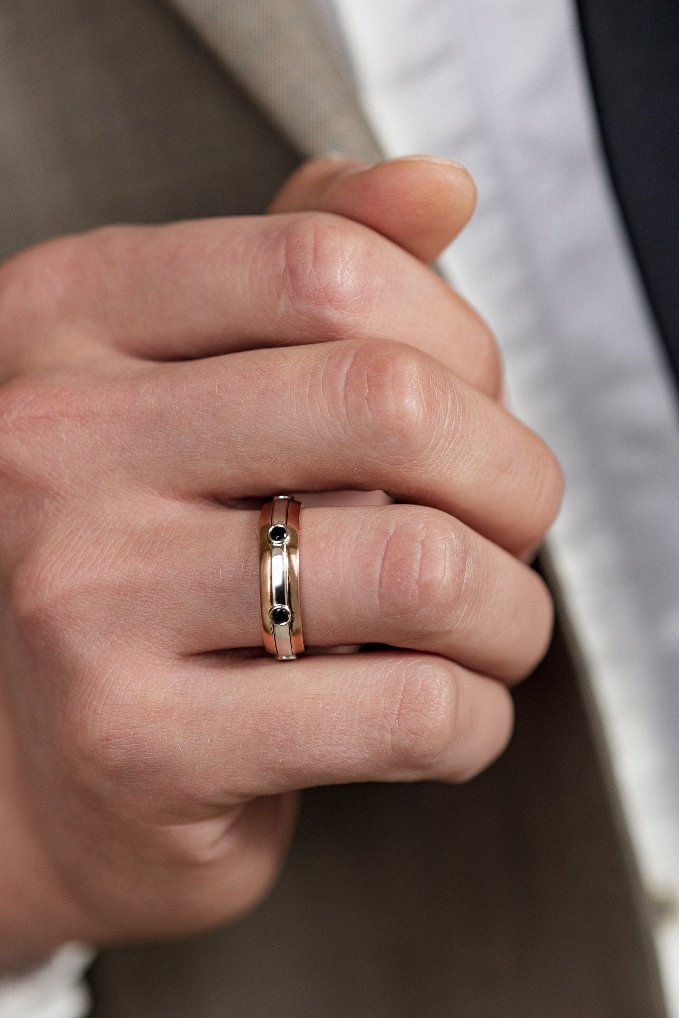 Two - tone wedding bands set with black and white diamonds - black diamond rings - black diamonds wedding bands - couple rings - escorialjewelry