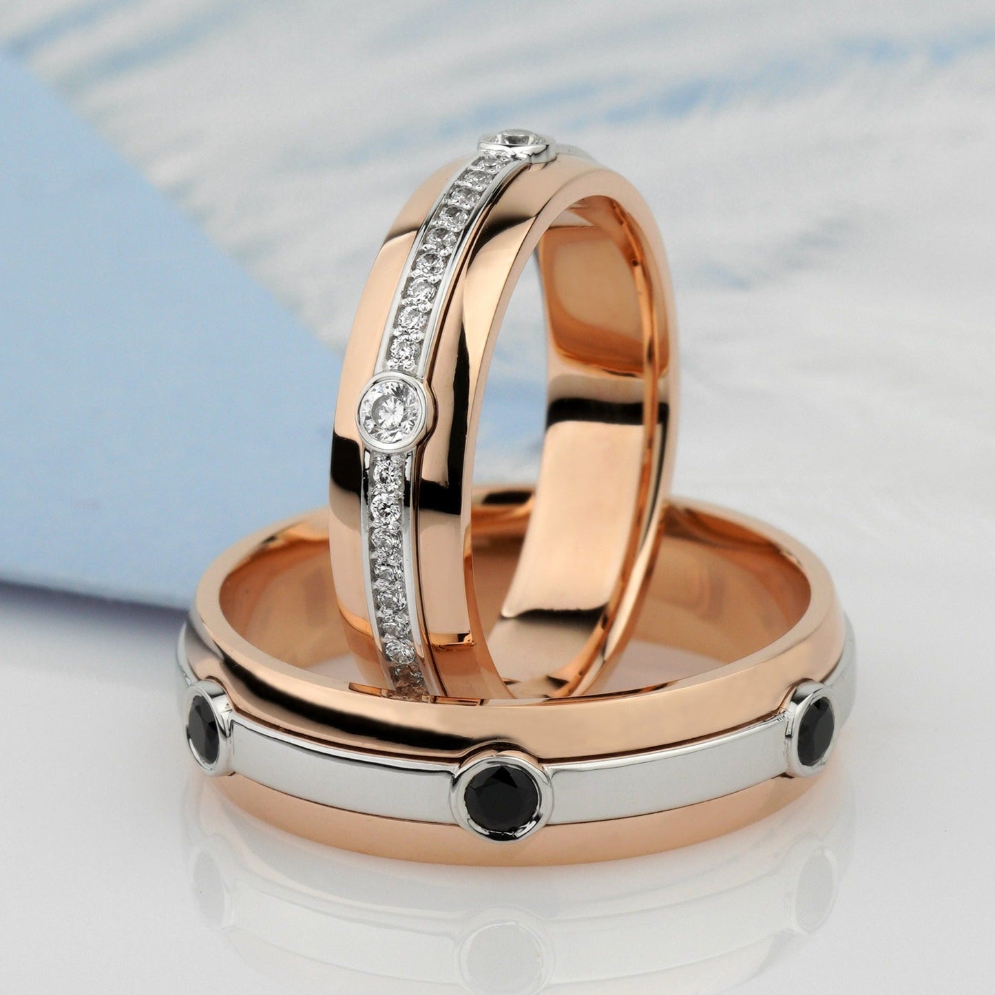 Two - tone wedding bands set with black and white diamonds - black diamond rings - black diamonds wedding bands - couple rings - escorialjewelry