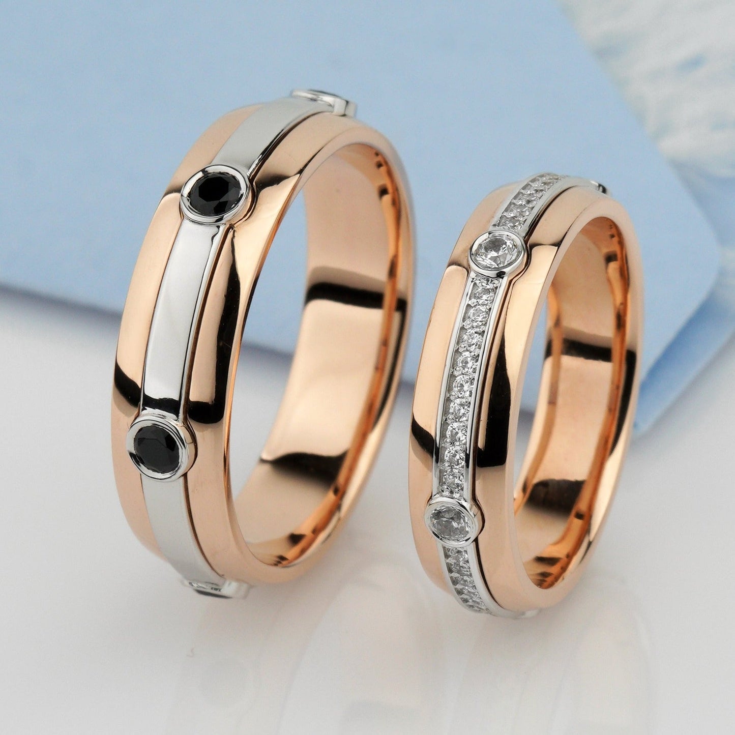 Two - tone wedding bands set with black and white diamonds - black diamond rings - black diamonds wedding bands - couple rings - escorialjewelry