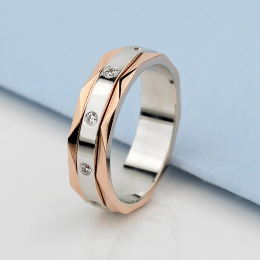 Unique gold wedding band with faceted details. - escorialjewelry