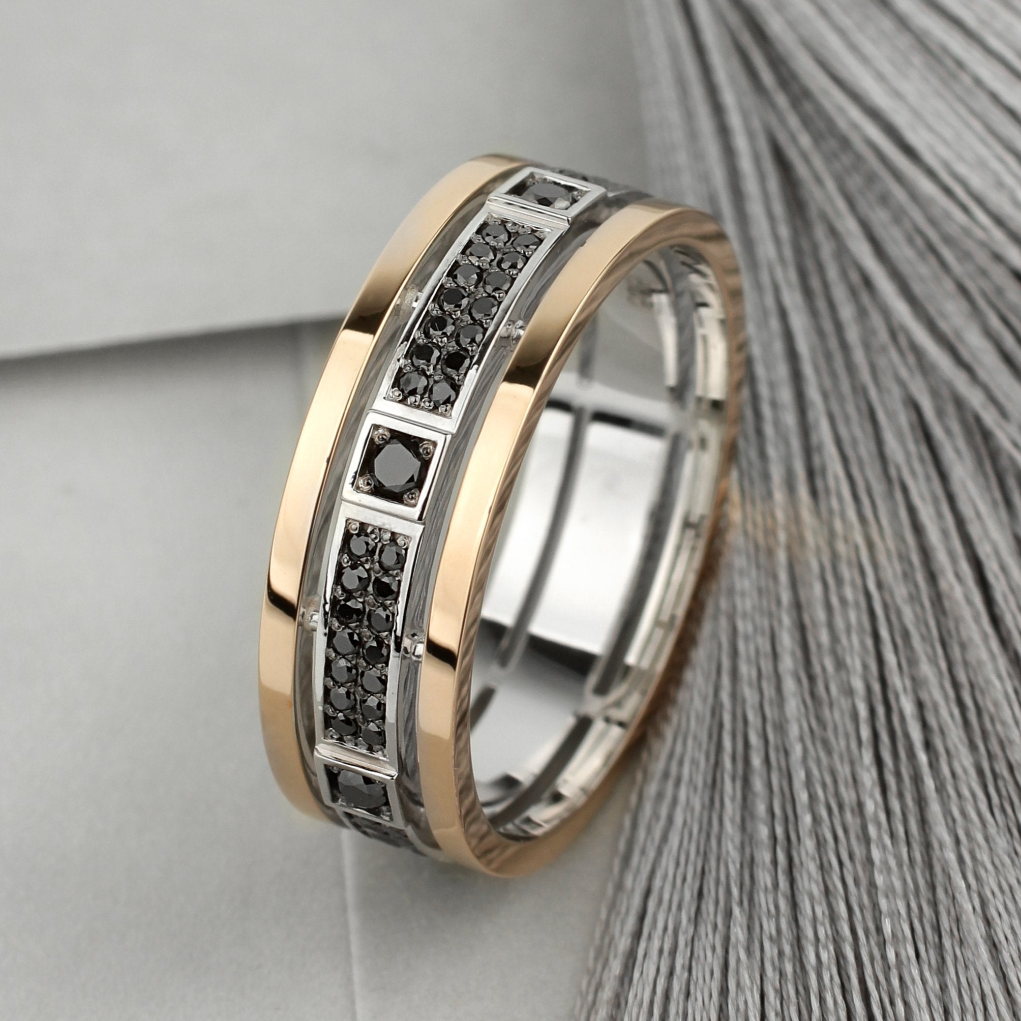 Unique men's wedding band with black diamonds - 14k gold band black Unique men's wedding band with black diamonds - 14k gold band black