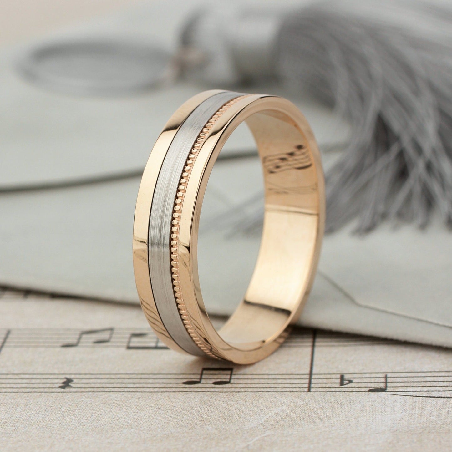 Unique two - tone mens wedding band - 14k gold band - gold bands - gold rings - escorialjewelry