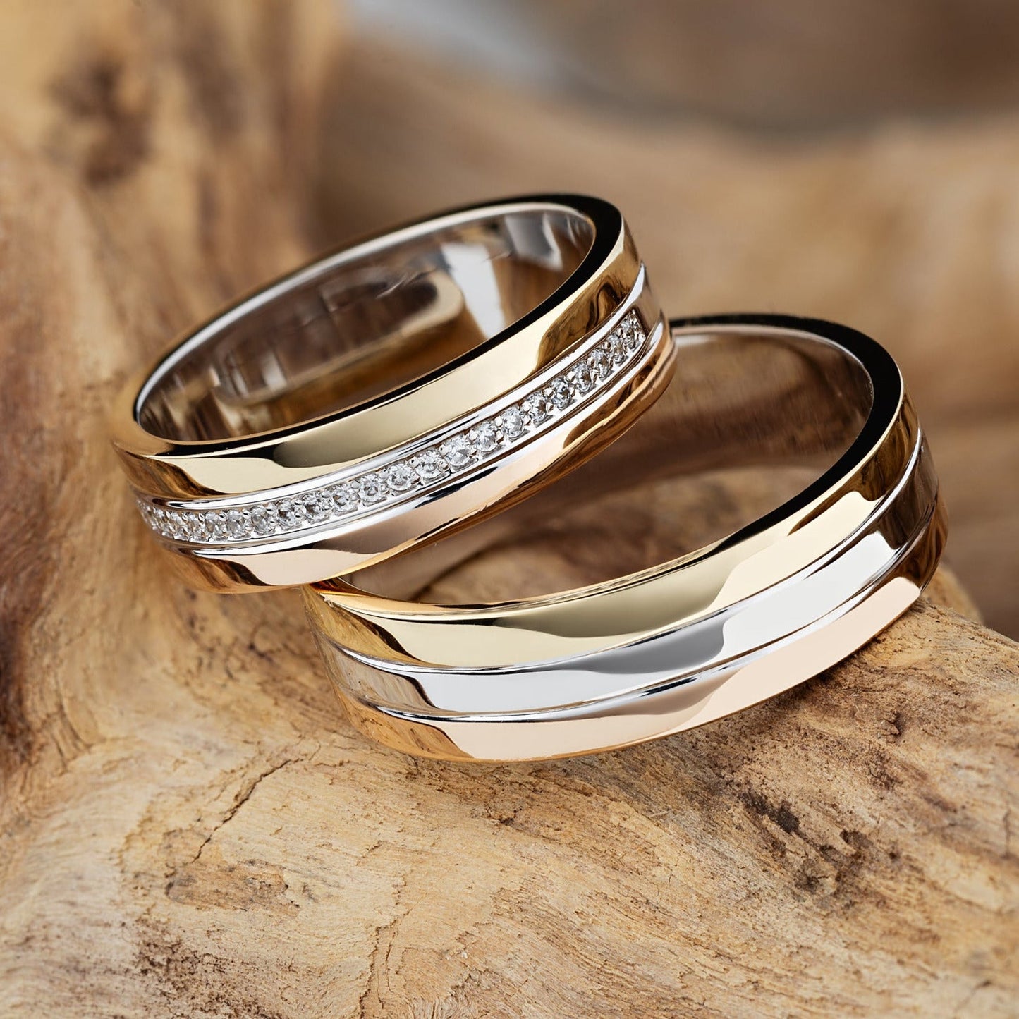 Wedding rings set made of three colors of gold - couple rings - couple rings set - couple wedding bands - escorialjewelry