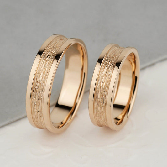 Wedding rings set with textured design - braided wedding bands - couple rings - couple rings set - escorialjewelry