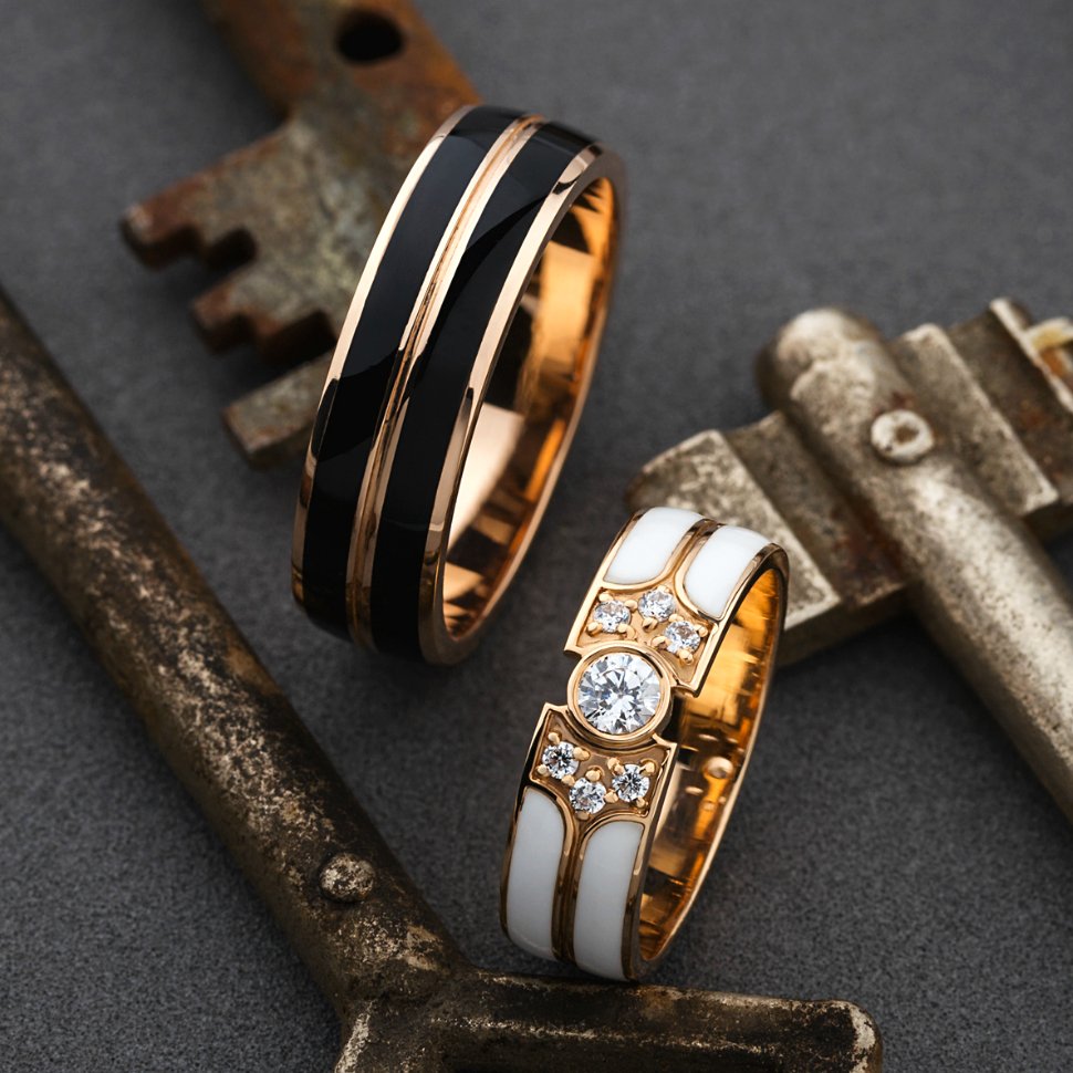 Wedding ringse set with enamel - black enamel band - classic diamond band - classic wedding bands - escorialjewelry