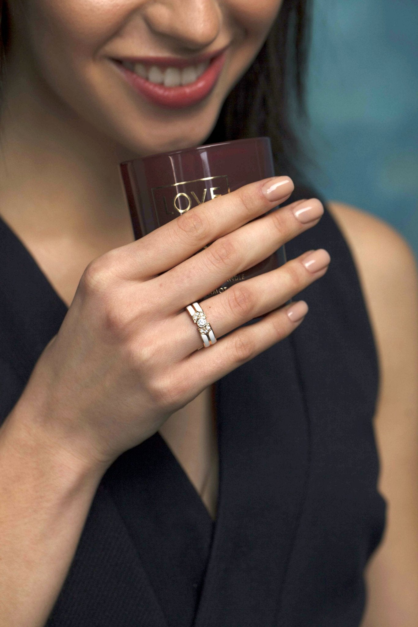 Wedding ringse set with enamel - black enamel band - classic diamond band - classic wedding bands - escorialjewelry