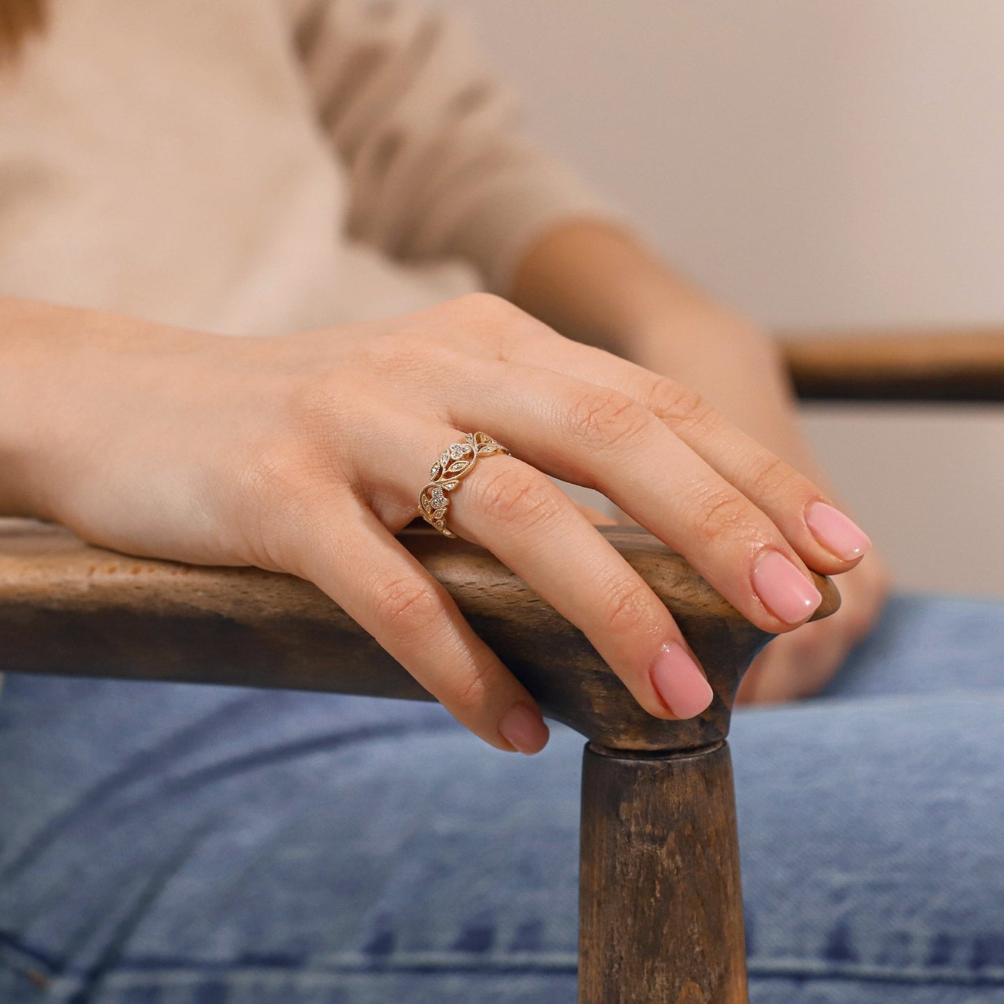 Wide floral wedding band - 14k gold band - 14k gold ring - boho - escorialjewelry