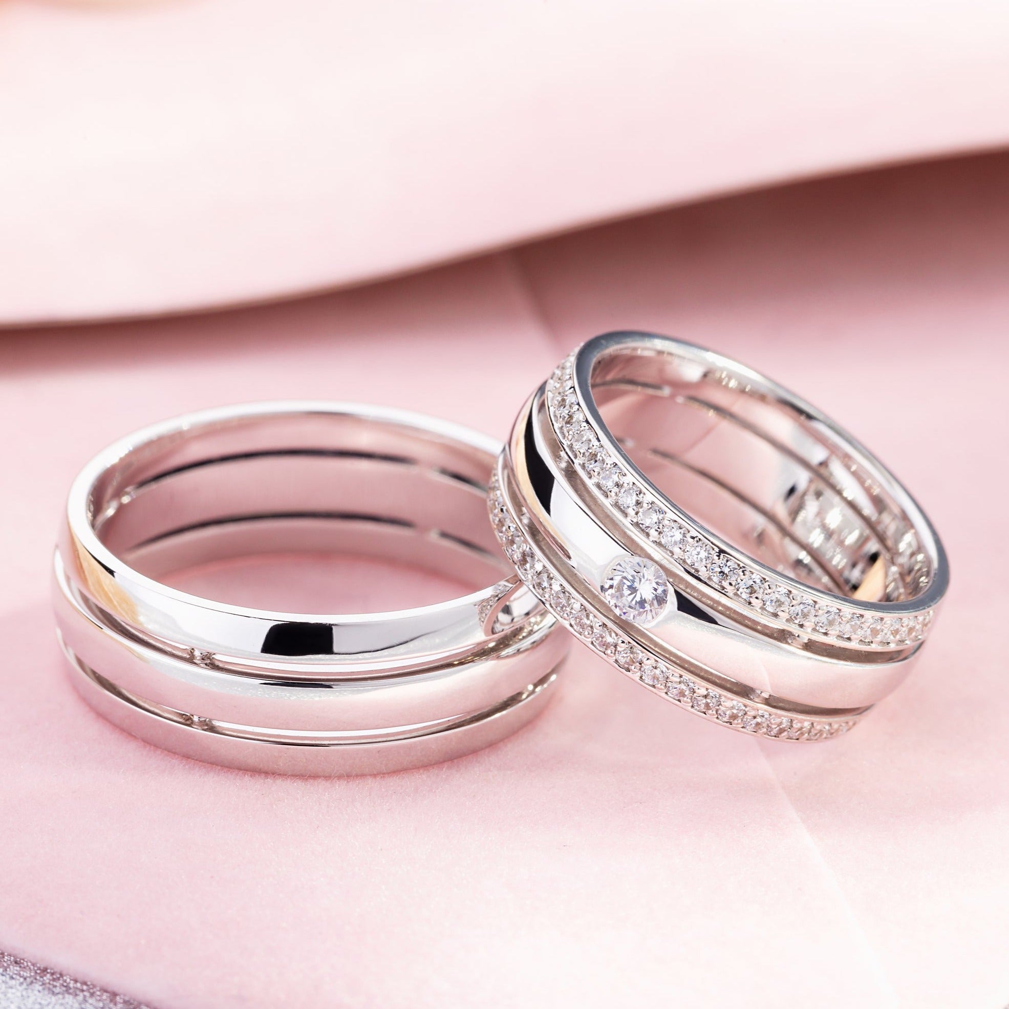 Wide wedding bands set with diamonds - couple rings couple wedding Wide wedding bands set with diamonds - couple rings couple wedding